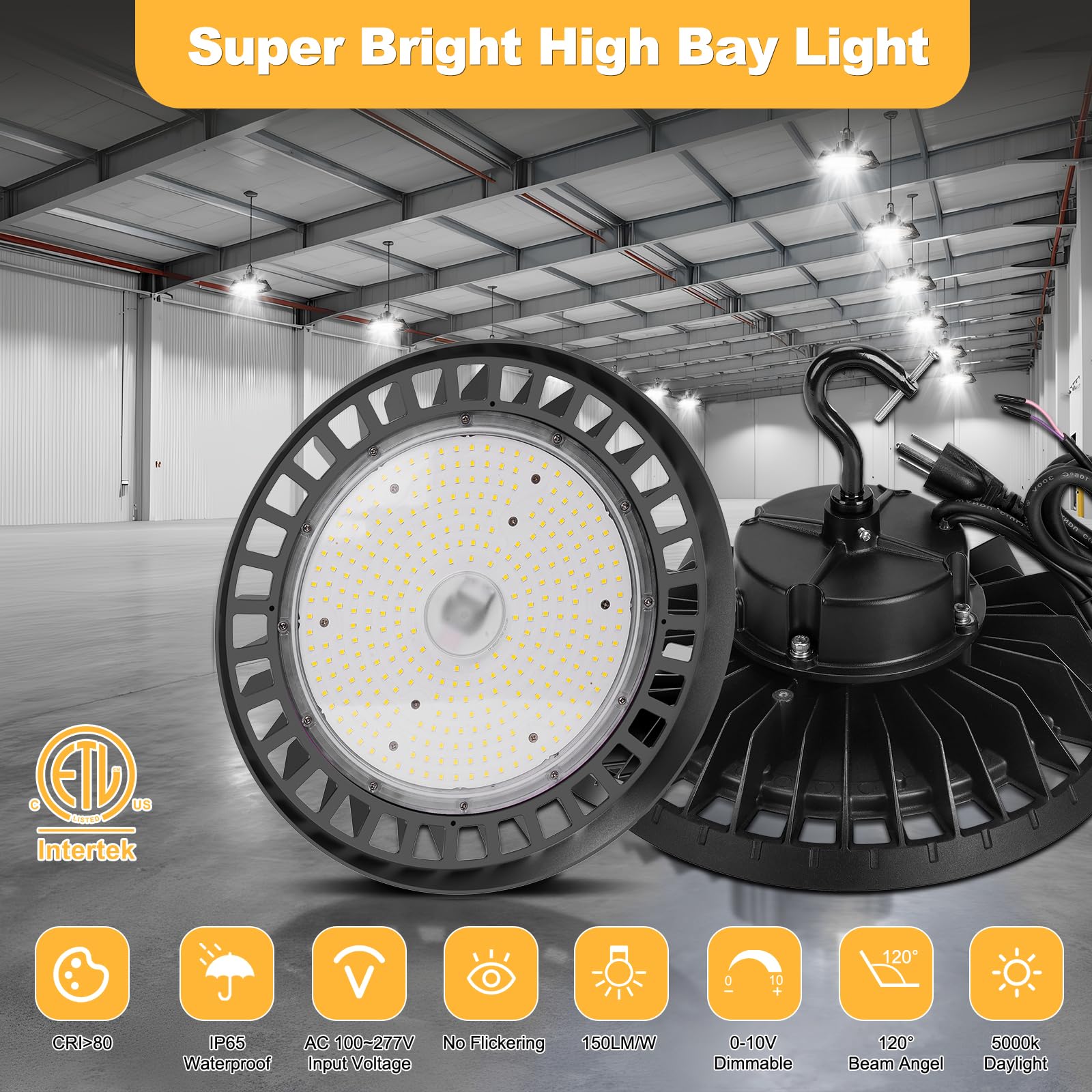 300W UFO LED High Bay Light 300W 5000K High Bay LED Shop Lights 45000LM 0-10V Dimmable 600W HID/HPS Replacement with 5 US Plug