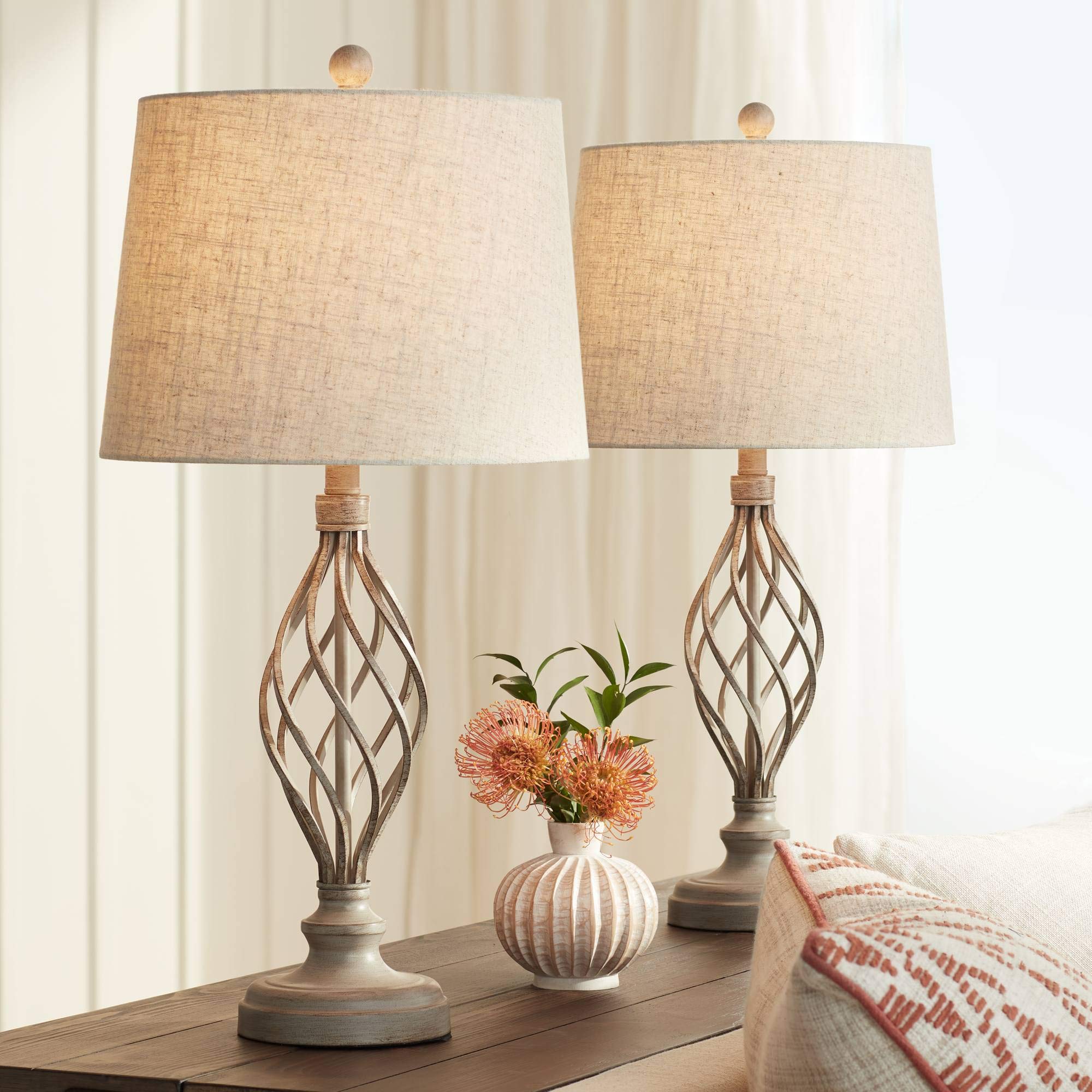 Franklin Iron Works Annie Modern Industrial Table Lamps 28'' Tall Set of 2 Weathered Sand Iron Cream Tapered Drum Shade for Bedr