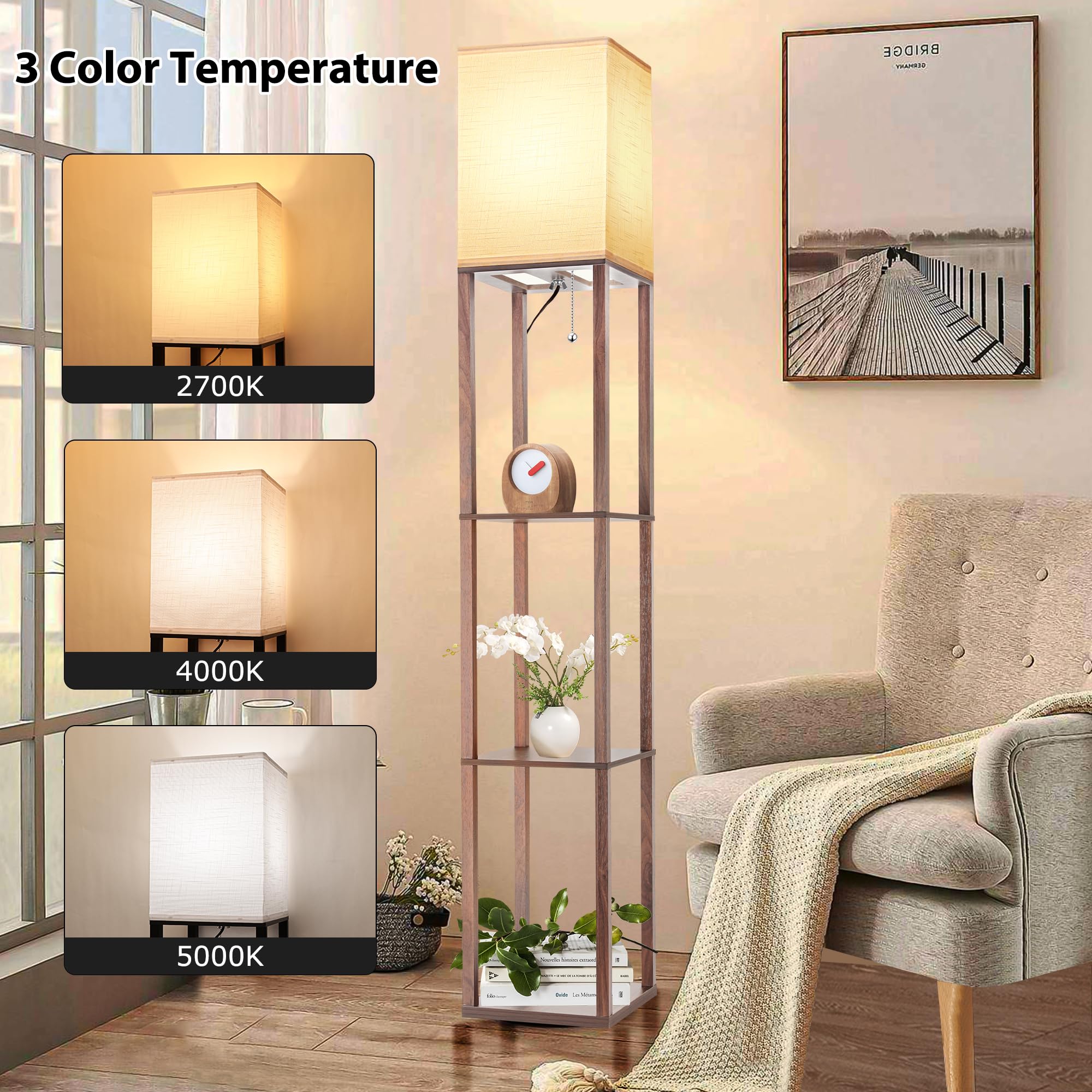 Floor Lamp With Shelves For Living Room Walnut Brown, Shelf Floor Lamp With 3 Cct Led Bulb, Corner Display Standing Column Lamp