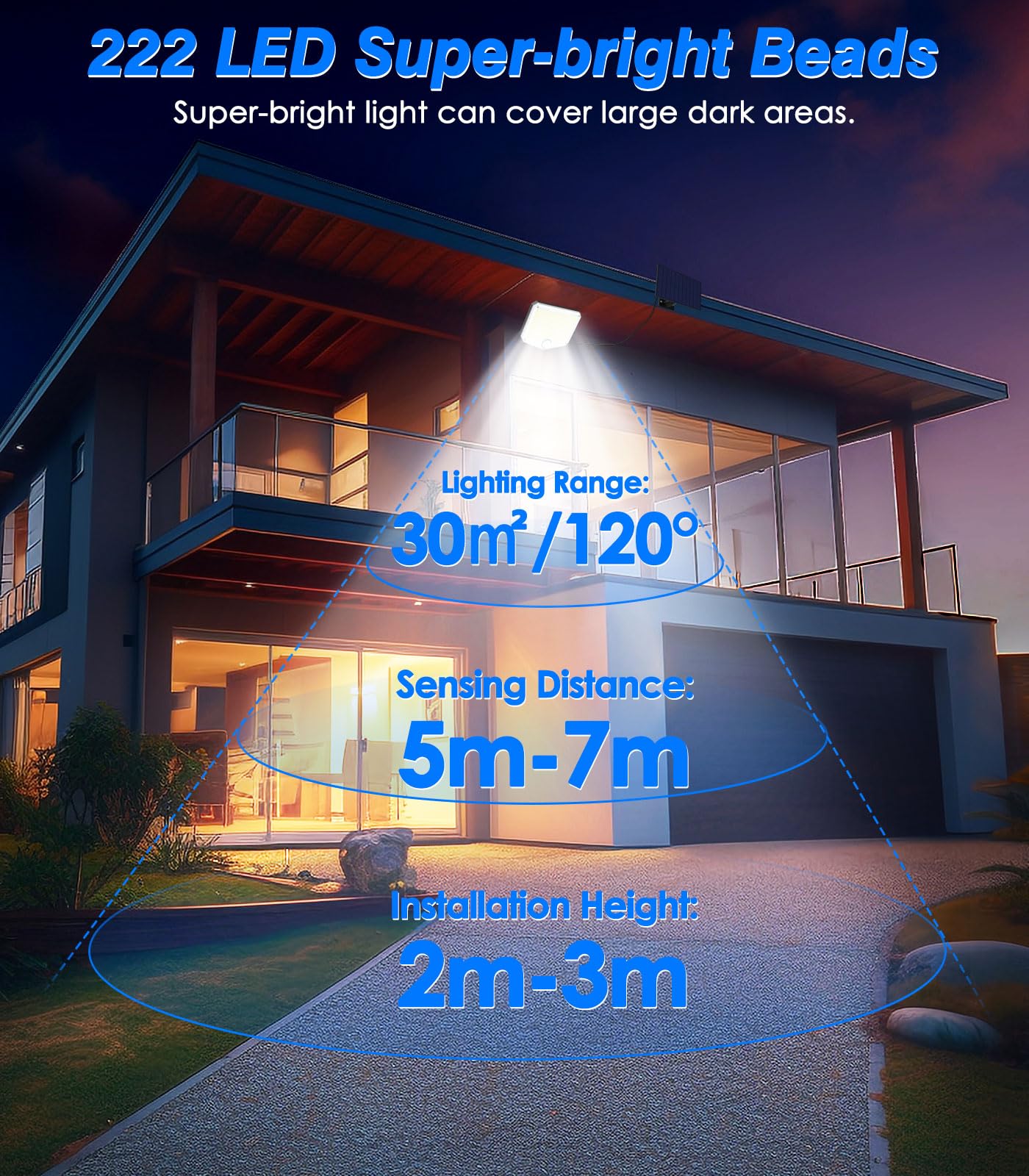 MoKo Motion Sensor Outdoor Lights - 222 LED Super Bright Solar Lights Outdoor with Remote Control & 16.4 Ft Cable 3000mah Waterp