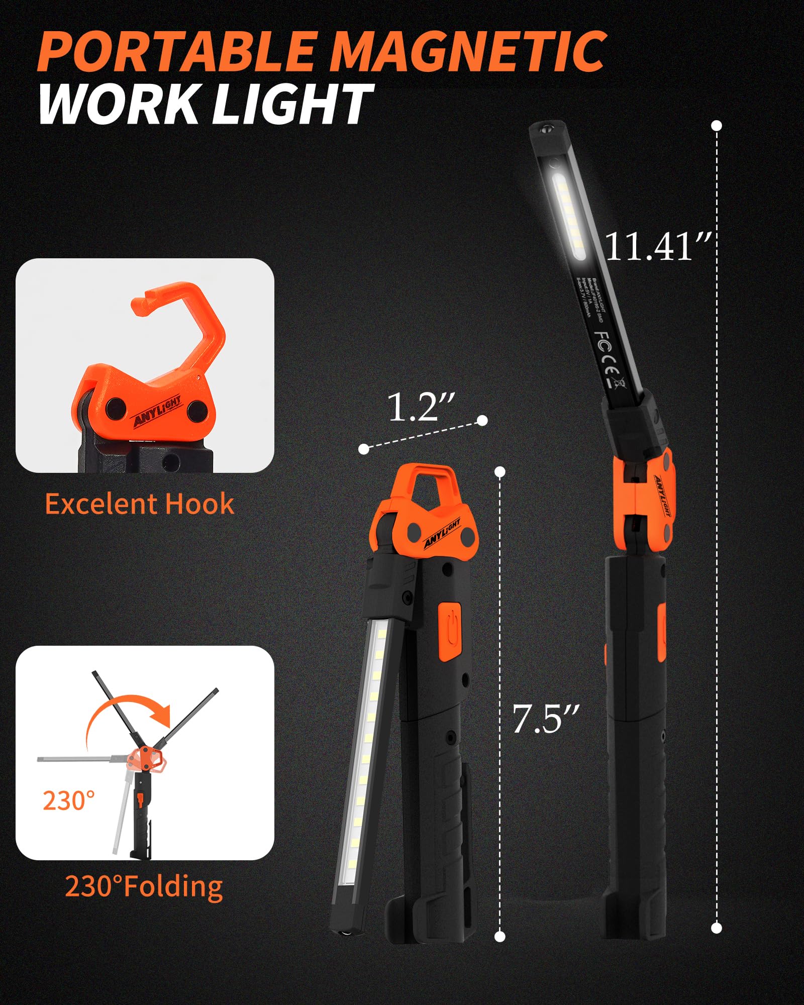 Anylight Rechargeable Work Light, 400Lm Mechanic Work Light, Magnetic Flashlight With 230° Rotate And Hook Led Work Light For Car Repairing, Emergency, Grill, Outdoor Work (1 Pack)