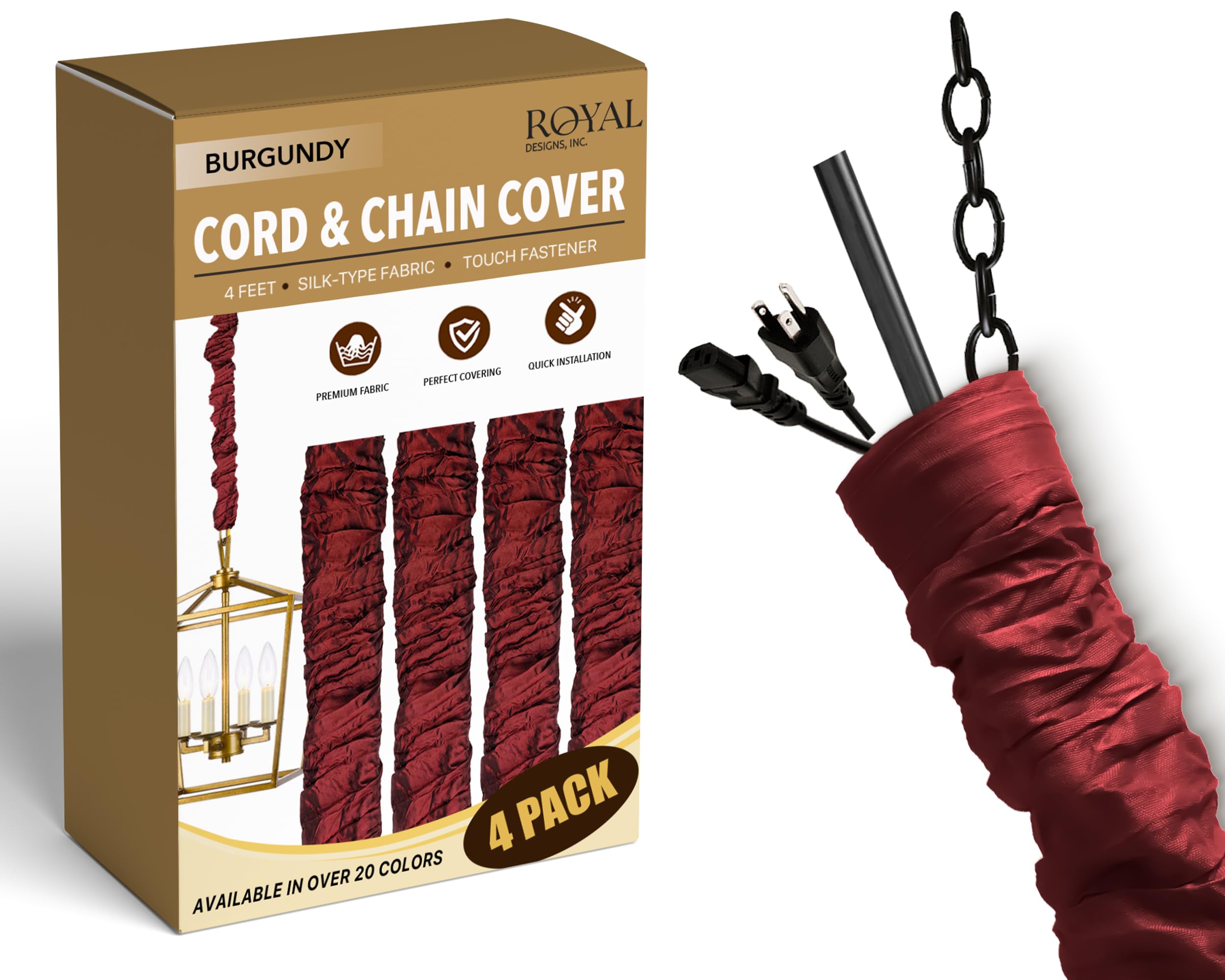 Royal Designs, Inc. Chandelier Chain Cover, 4 ft Silk Fabric, Touch Fastener, Burgundy, 4 Pack