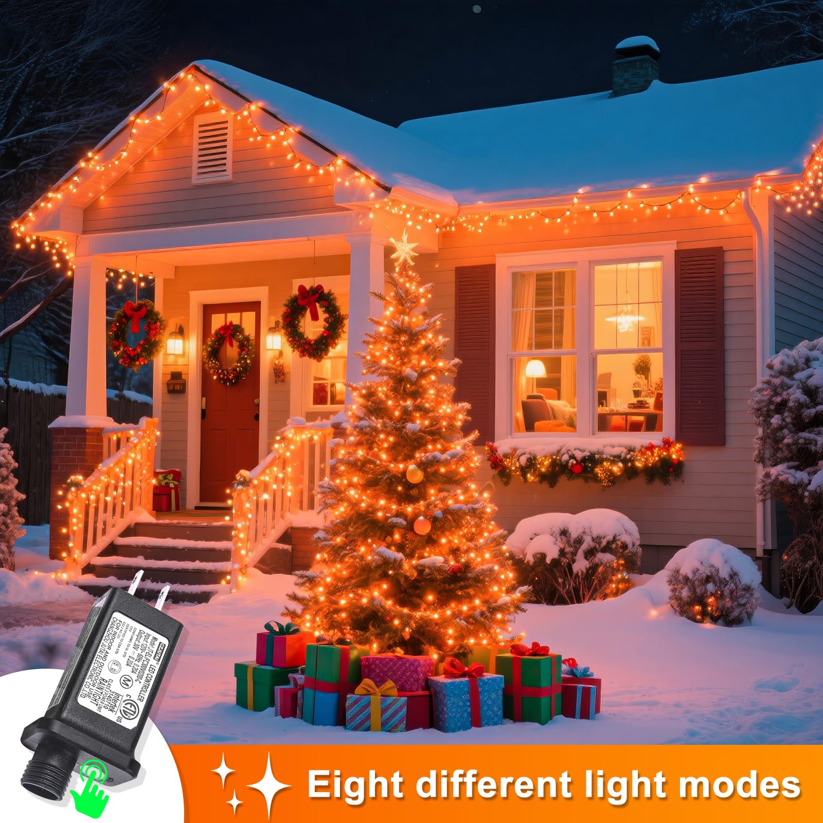 Einiiya 600 Led Christmas Lights Outdoor 197 Ft String Lights Indoor Outdoor Clear Wire With 8 Modes  Plug In Waterproof Orange String Light For Christmas Tree Party Thanksgiving Decorations