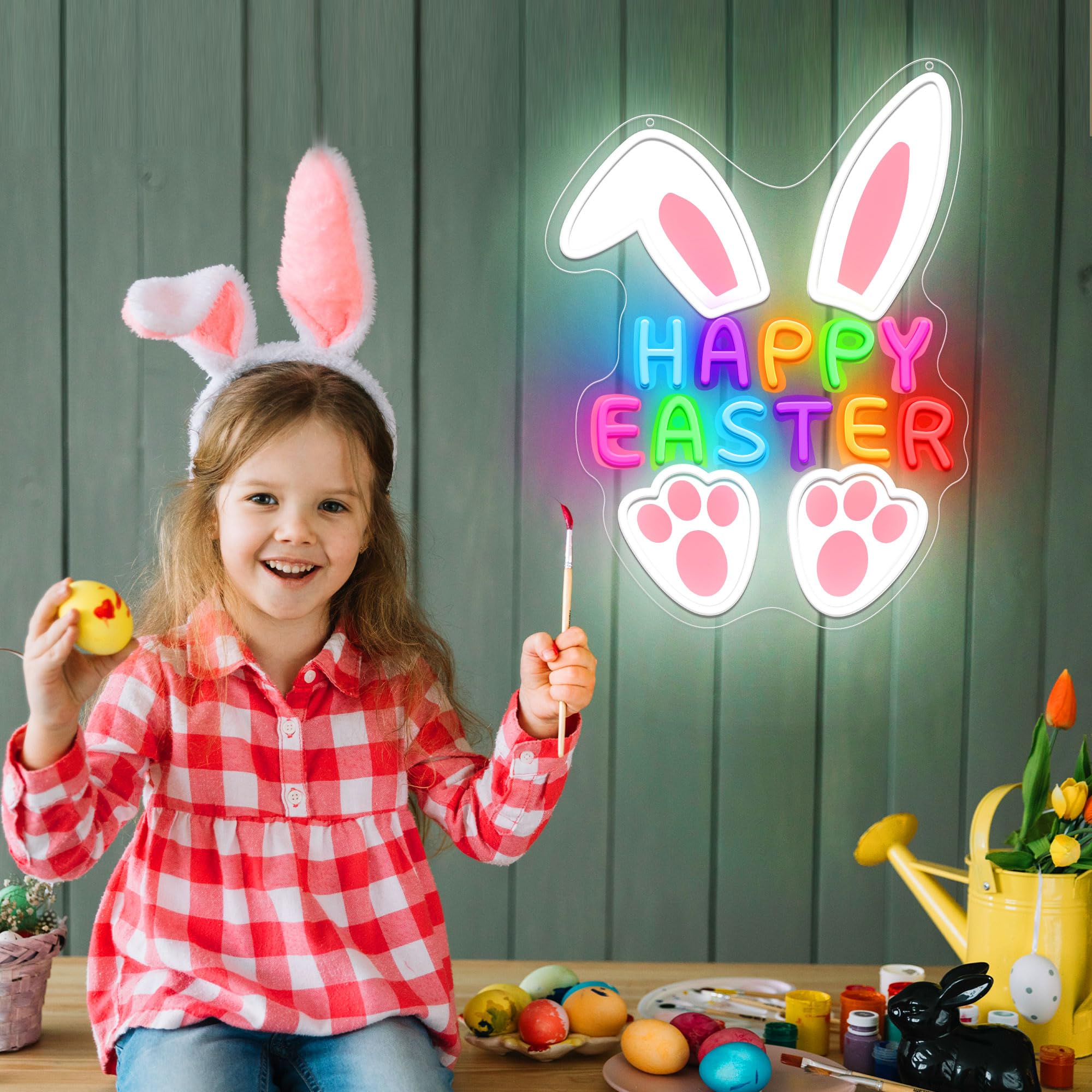 SELICOR Happy Easter Neon Sign,LED Bunny Egg Wall Decor, USB Dimmable Easter Party Decor for Easter Morning Surprises, Church Ev