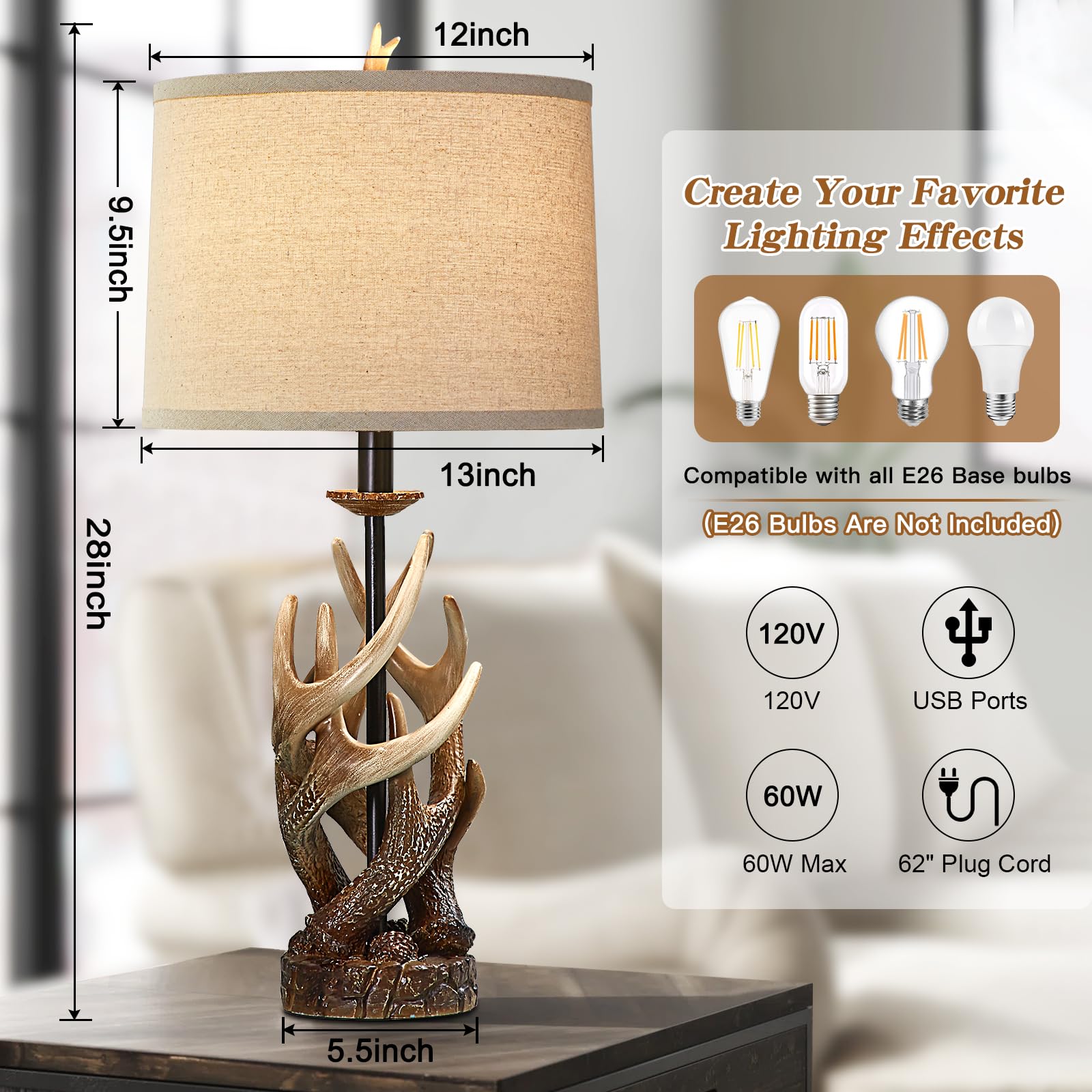 Huitico Rustic Farmhouse Table Lamp For Living Room End Table Deer Antler Lamps With Usb Ports 28'' Tall Western Lamps For Bedro