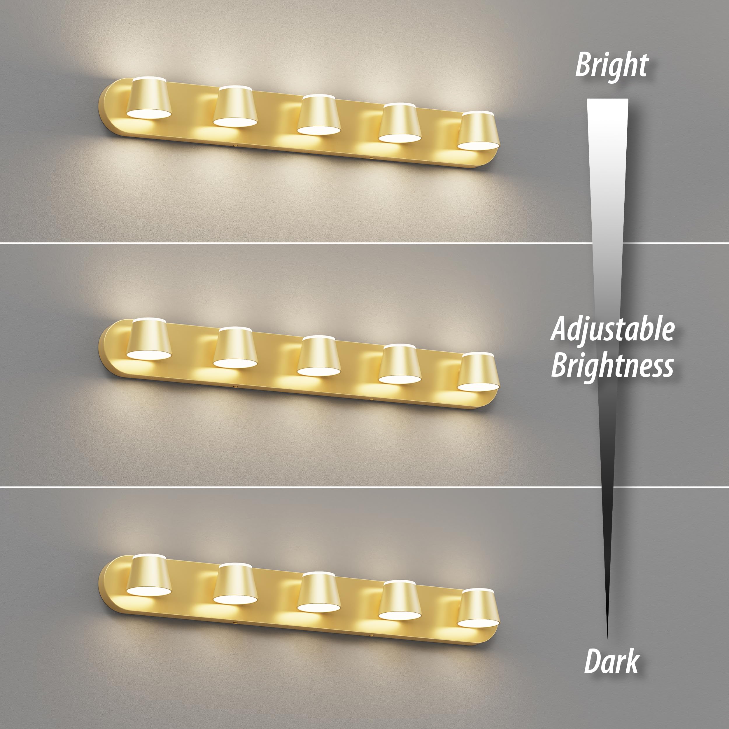 URSOLA 5 Light Bathroom Vanity Light Fixtures, LED Gold Metal Over Mirror, Dimmable, Model 7540GD-5T, 34 Inch