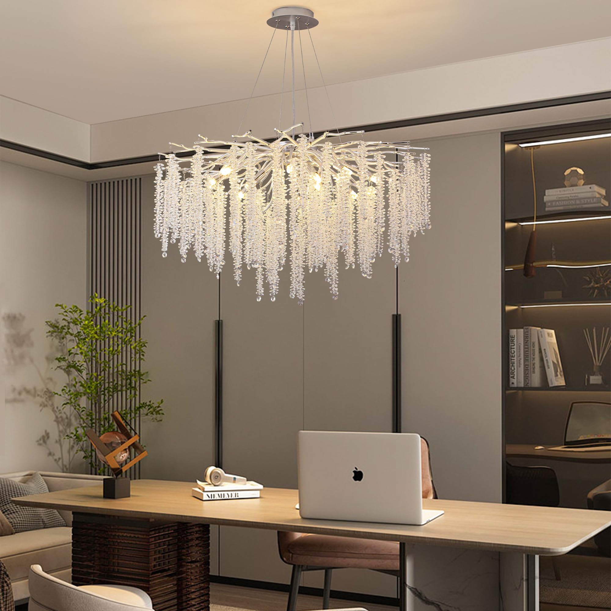 Upfelw Crystal Tree Branch Chandelier Silver D31.5, Modern Art Deco Large Raindrop Branch Chandelier Lighting Fixture For Living