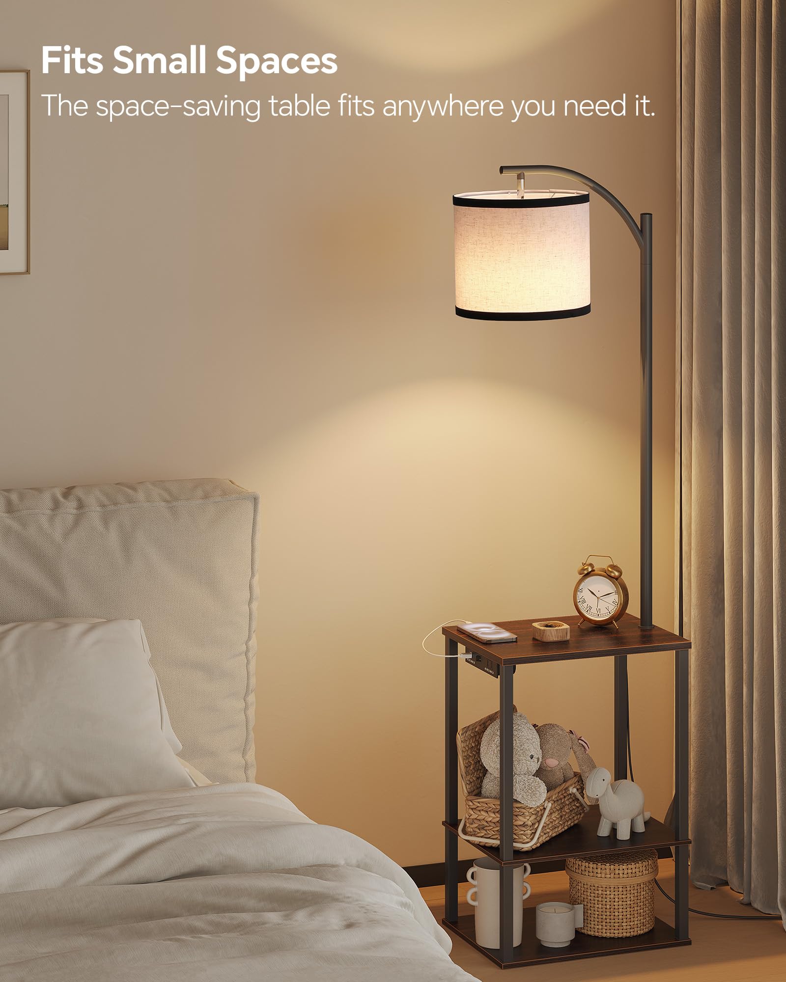 SUNMORY Floor Lamp with Table, Rustic End Table Lamp, Charging Station, 3-Color LED Bulb, Walnut Brown Wood