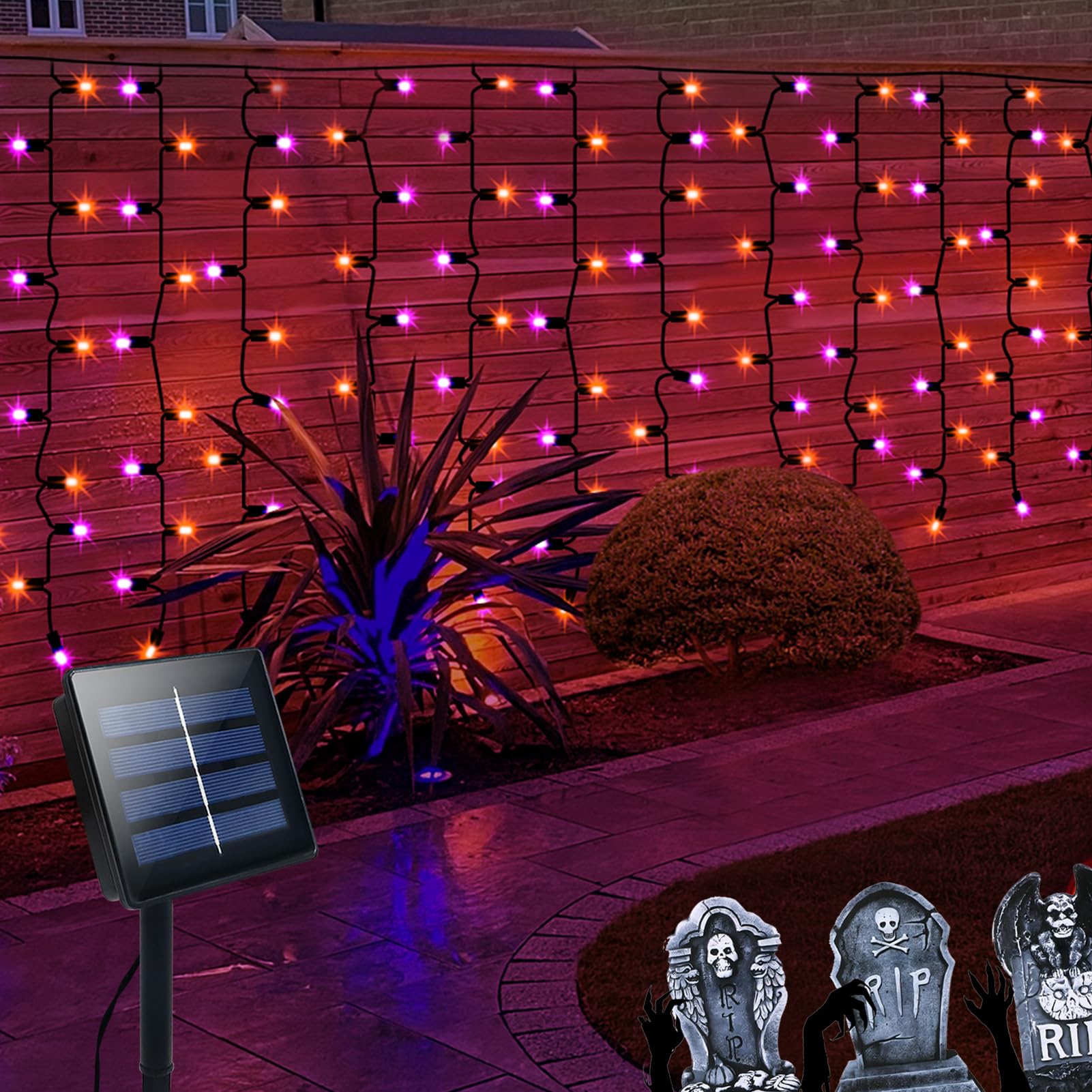 Dbfairy Purple Orange Solar Halloween Curtain Lights 300 Led 19.6Ft X 3.3Ft Waterproof 8 Modes For Outdoor Decoration