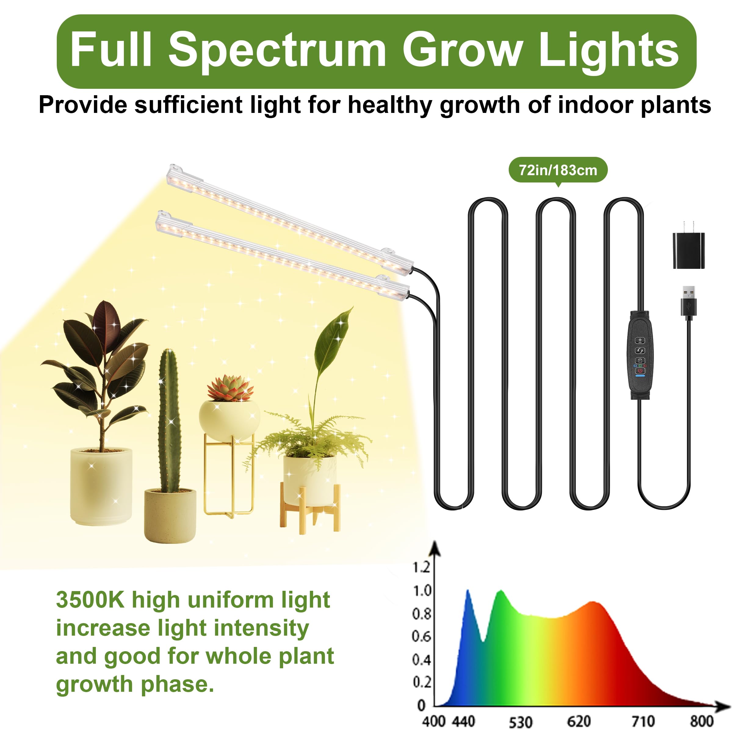 JhauvMw LED Grow Light Strips, Full Spectrum 3500K, 2 Head, Timer, Dimmable, Aluminum, 1-Pack