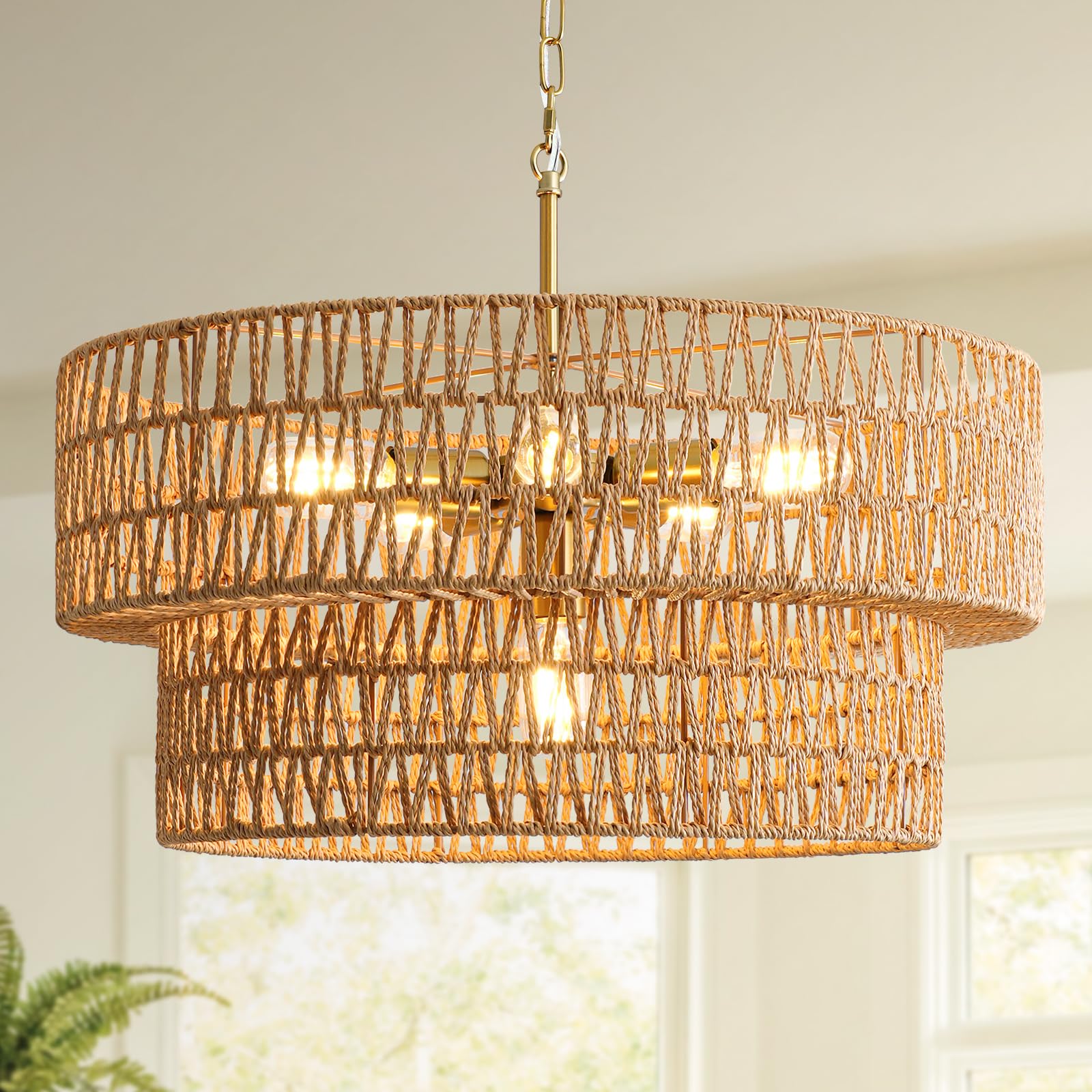 23.6'' Boho Rattan Chandelier, 6-Light Large Rattan Pendant Light With 2-Tier Wicker Shade, Bohemian Farmhouse Ceiling Light Fix