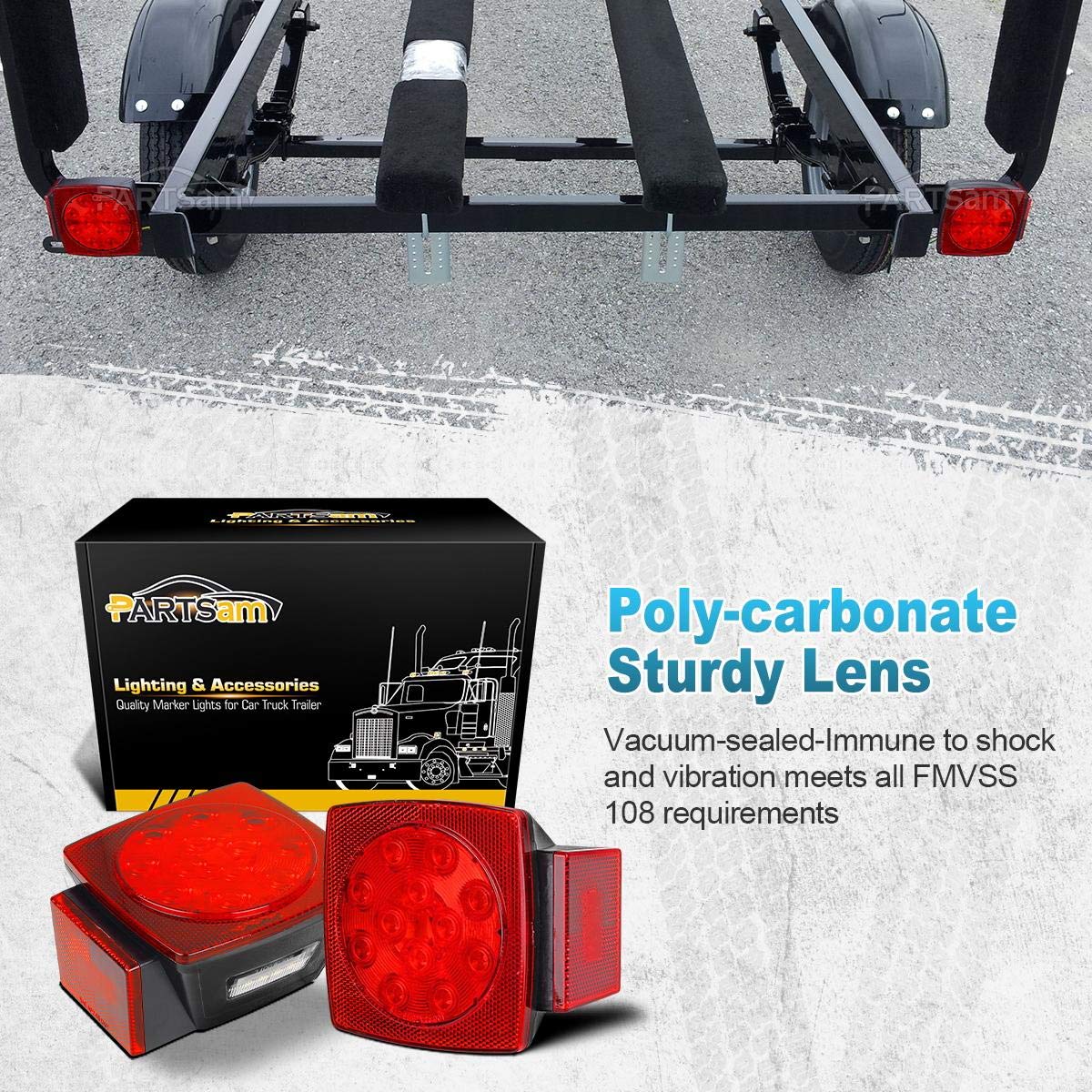 Partsam 12V Submersible Square LED Trailer Light, Red, IP68, DOT Compliant, for Trailers Under 80", Model 4332989291