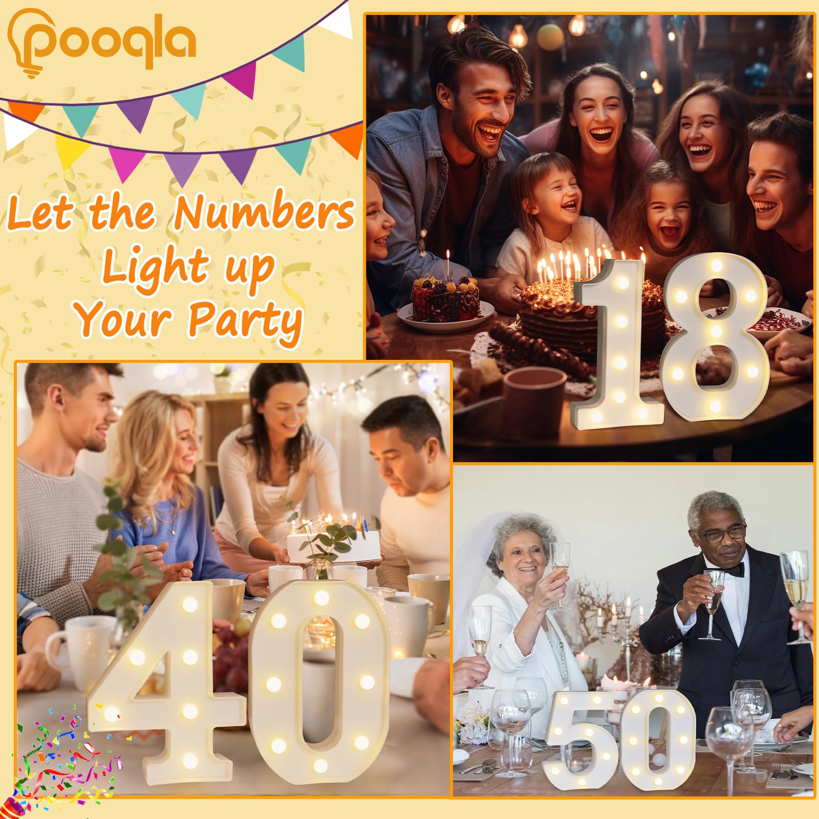 Pooqla Decorative LED Light Up Number (9) - White Plastic Marquee Sign - Warm White, Battery Operated