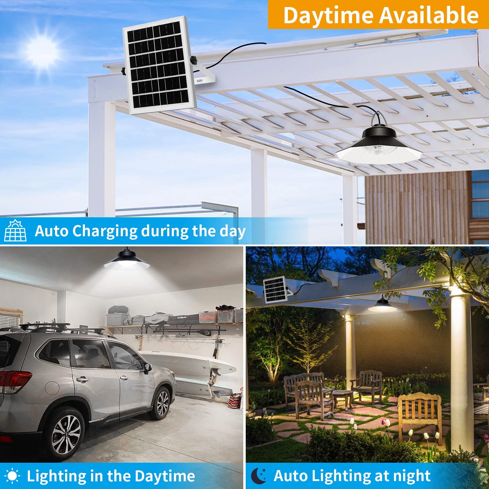 Aqonsie Solar Shed Lights - Indoor/Outdoor Dual Pendant, 1200LM, 3 Color Temperatures, 5 Modes, 2 Timers, Black, Model L-0004