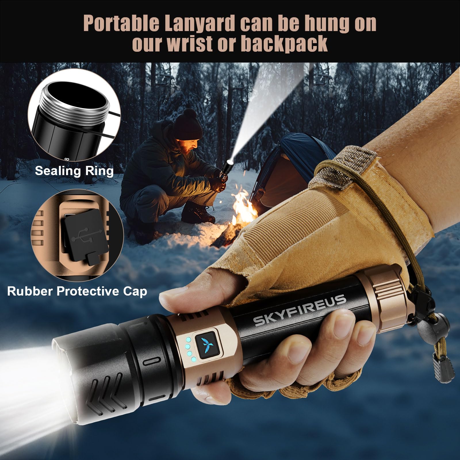 SKYFIRE Rechargeable Flashlight, 8000mAh, High Lumens, Zoomable, Waterproof LED, Model SF-1097-Type, Ideal for Camping and Emergencies