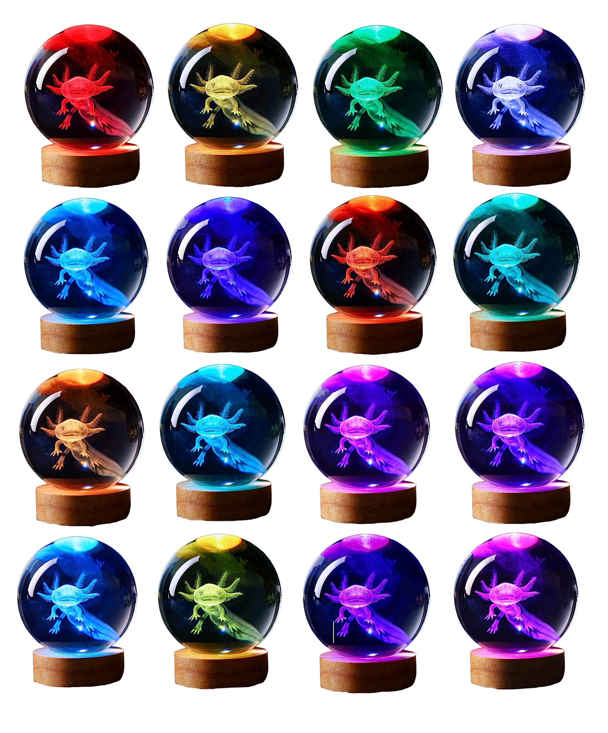 Axolotl Lamp,3.15 Inch 3D K9 Crystal Ball Axolotl Night Light With Wooden Base,16 Colors Change,Remote Control,Color Box,Birthday Christmas Axolotl Gift
