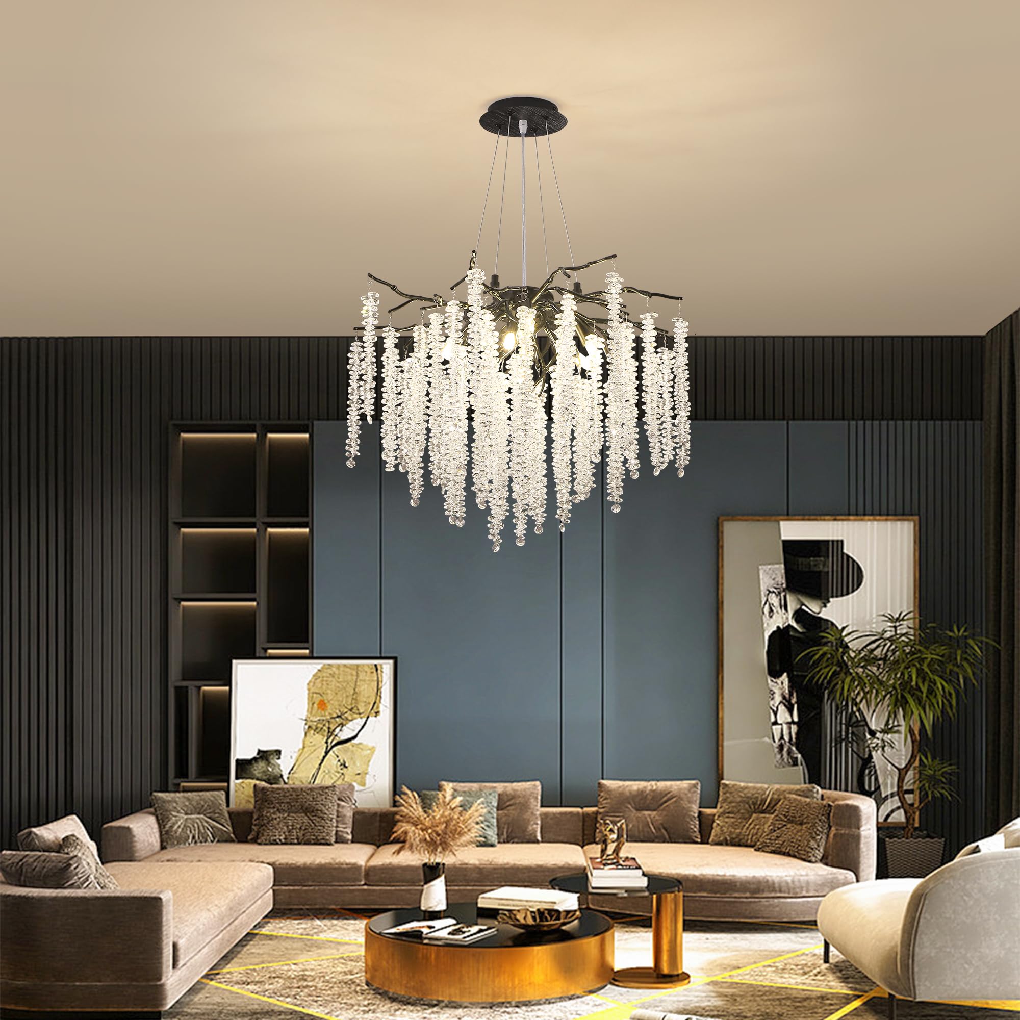 Upfelw Modern Crystal Tree Branch Chandelier - 9 Lights, D23.7'', Black, Indoor Fixture for Dining Room & Living Room, Model UBC-B09-0426