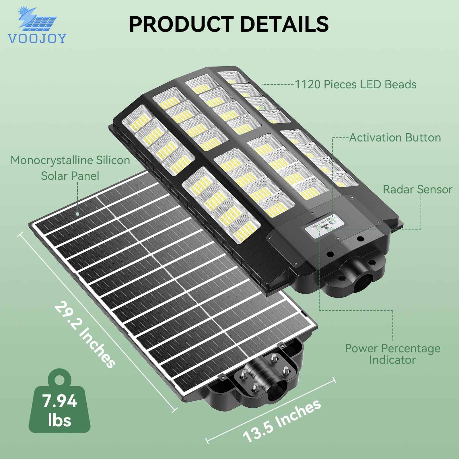 VOOJOY 8000W Solar Street Lights, IP66 Waterproof, Motion Sensor, Remote Control, 2 Pack, Black, Model TS3200