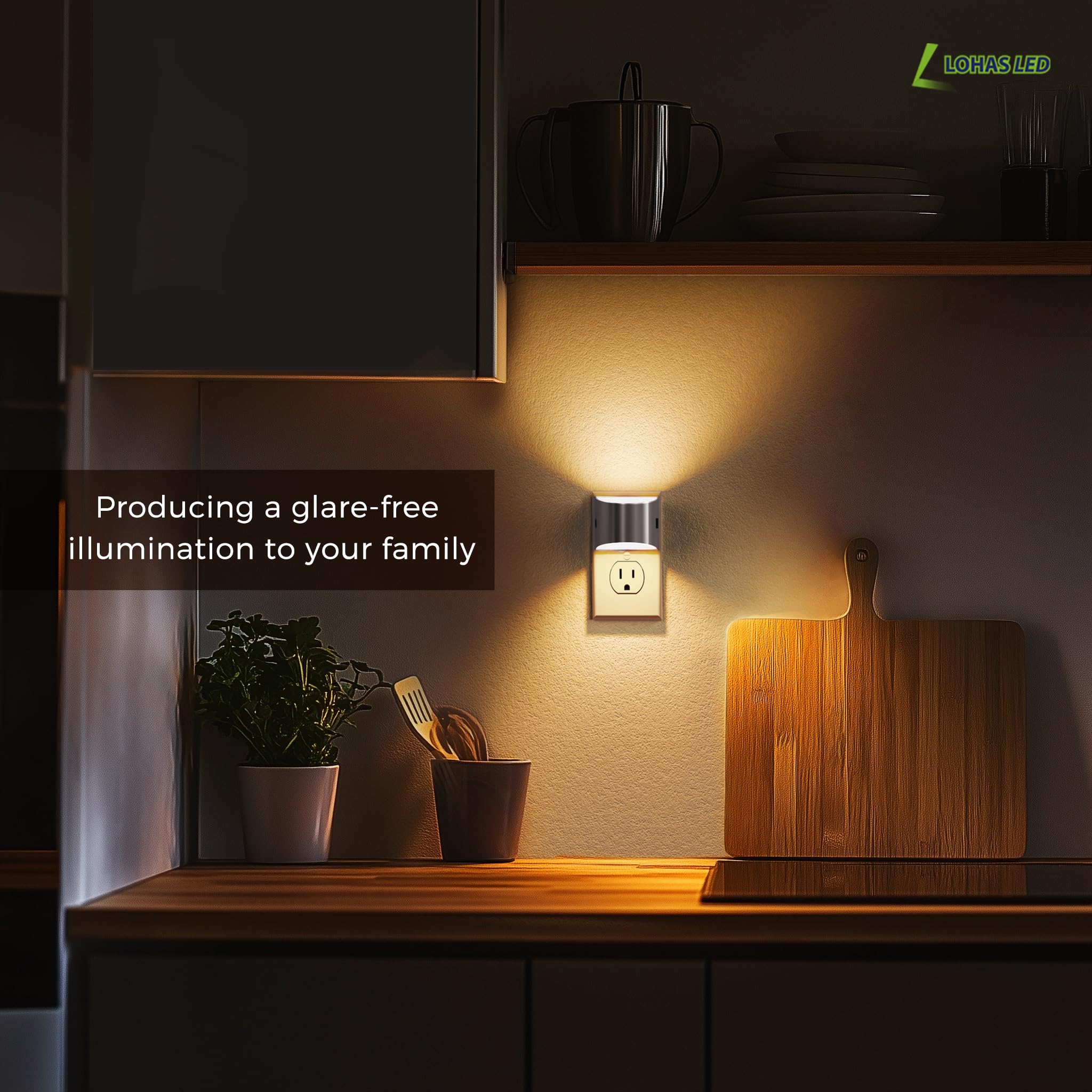L LOHAS LED Night Lights - Dimmable 3-Level Brightness, 3000K Soft White, Grey, 2 Pack, Model GY10702CHUS-2