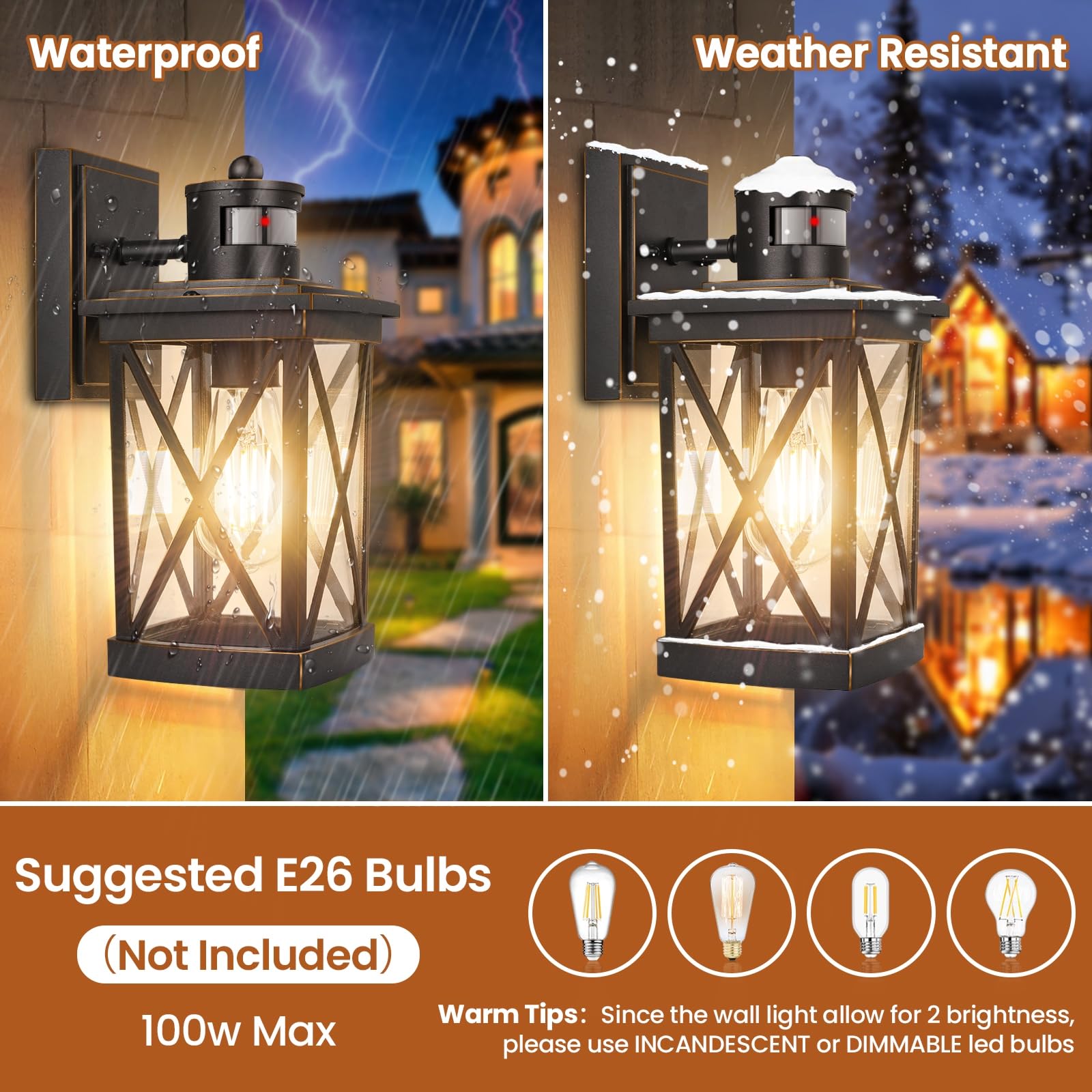 Tobusa 2-Pack Motion Sensor Outdoor Wall Lanterns, Waterproof Oil Rubbed Bronze Light Fixtures