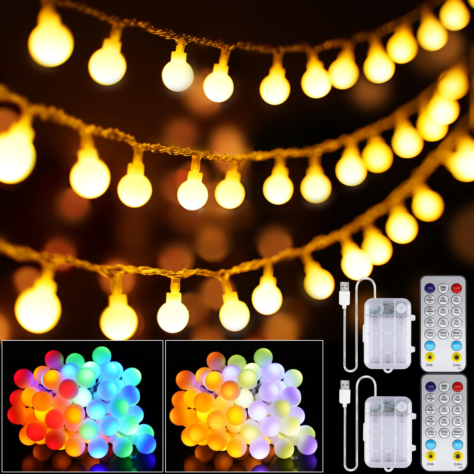 33ft 100LED Globe String Lights Battery Operated-2 Pack String lights with Remote Warm White Multicolor Fairy Lights Indoor for Classroom Bedroom Dorm Birthday Patio Tent Party Xmas Christmas Décor