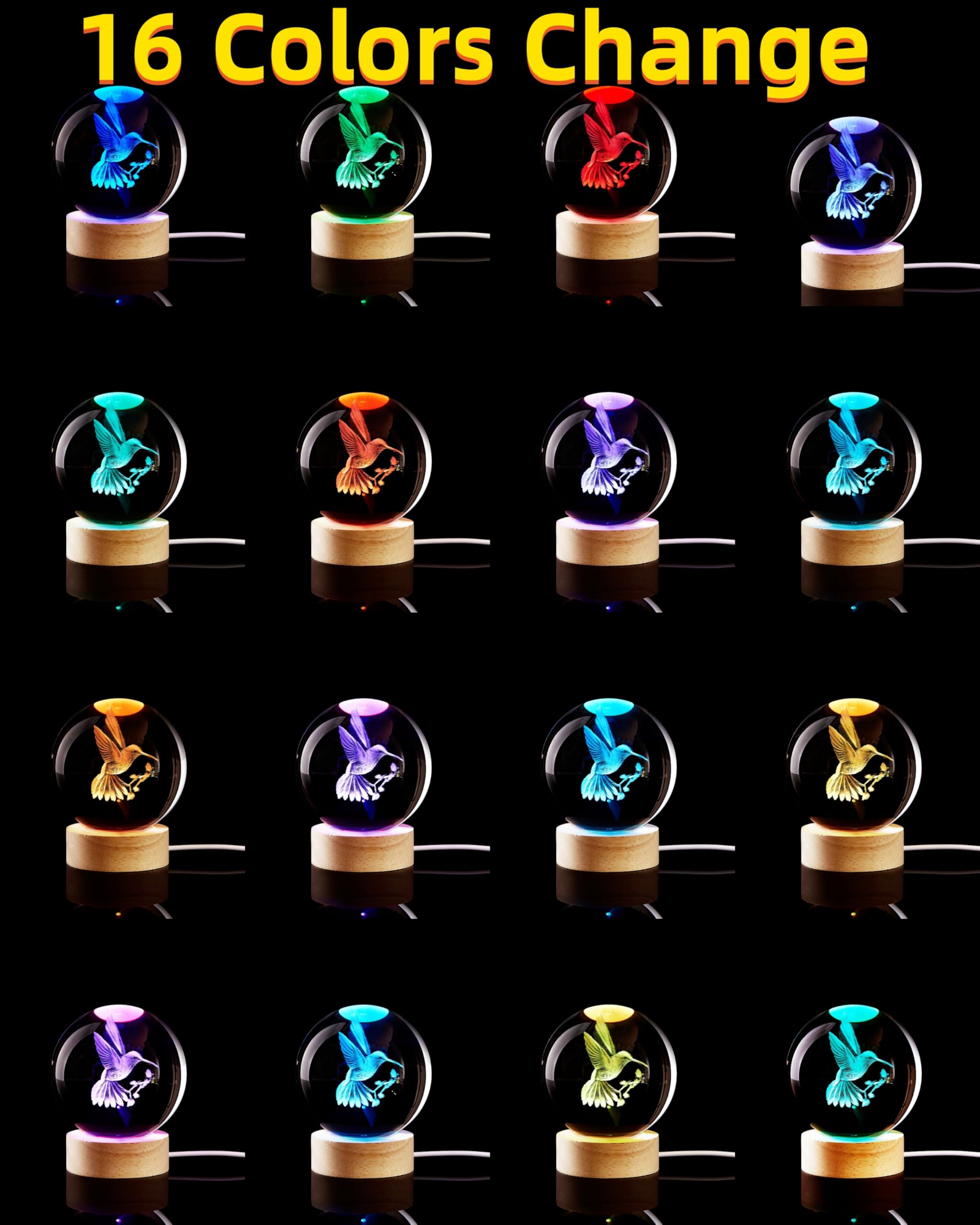 3D Hummingbird Crystal Ball Lamp,Lifelike 3D Led Bird Night Light,16 Colors Changing Light,Dimmable Remote Control,Desk Hummingb