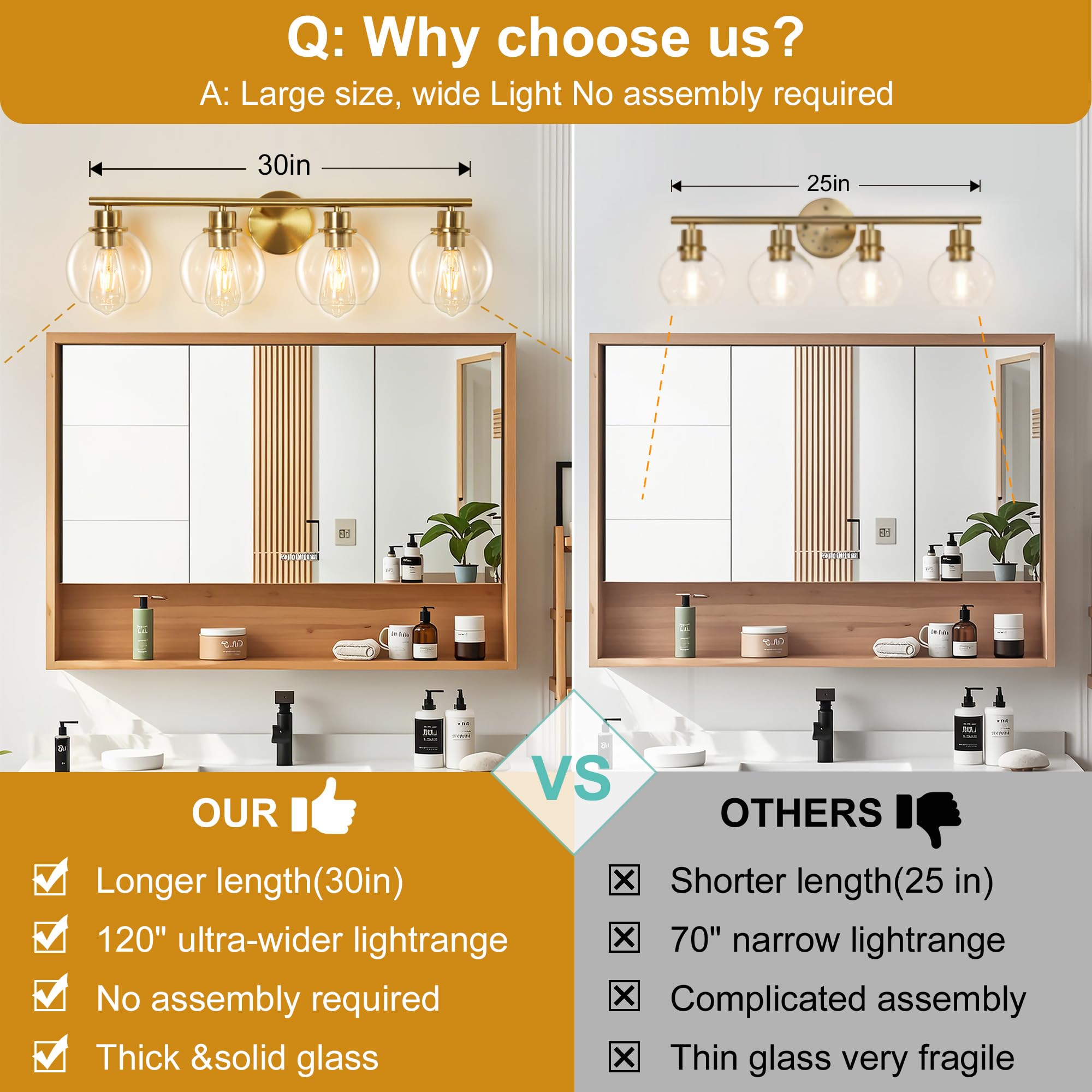 Lanmate Bathroom Light Fixtures Over Mirror 4-Lights Bathroom Vanity Light With Clear Glass Shade 29.5 Inch Modern Wall Sconce G