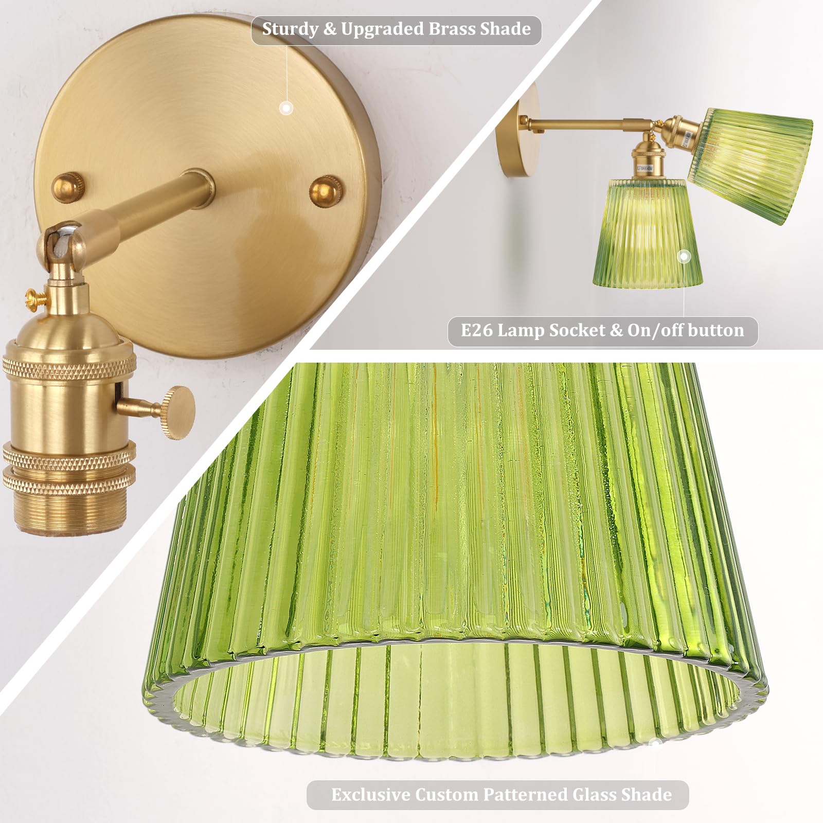 Shenmoyl Vintage Wall Sconces Set of 2, Green Stripe Glass, Hardwired, 180° Adjustable, Brass Lighting Fixture for Bedroom and Doorway
