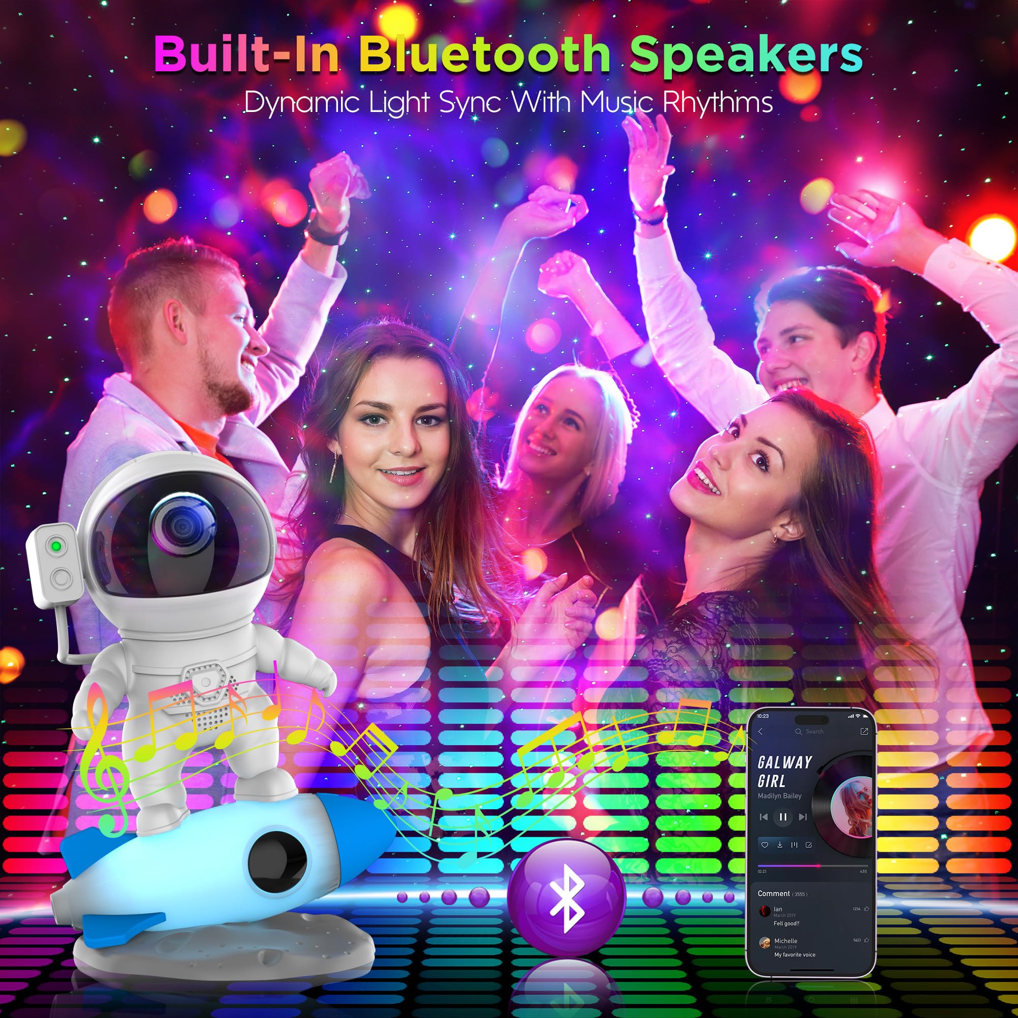 FlyLily Galaxy Projector, Astronaut Star Projector with Bluetooth Speaker, Remote Control, White, Model BL-HJ07