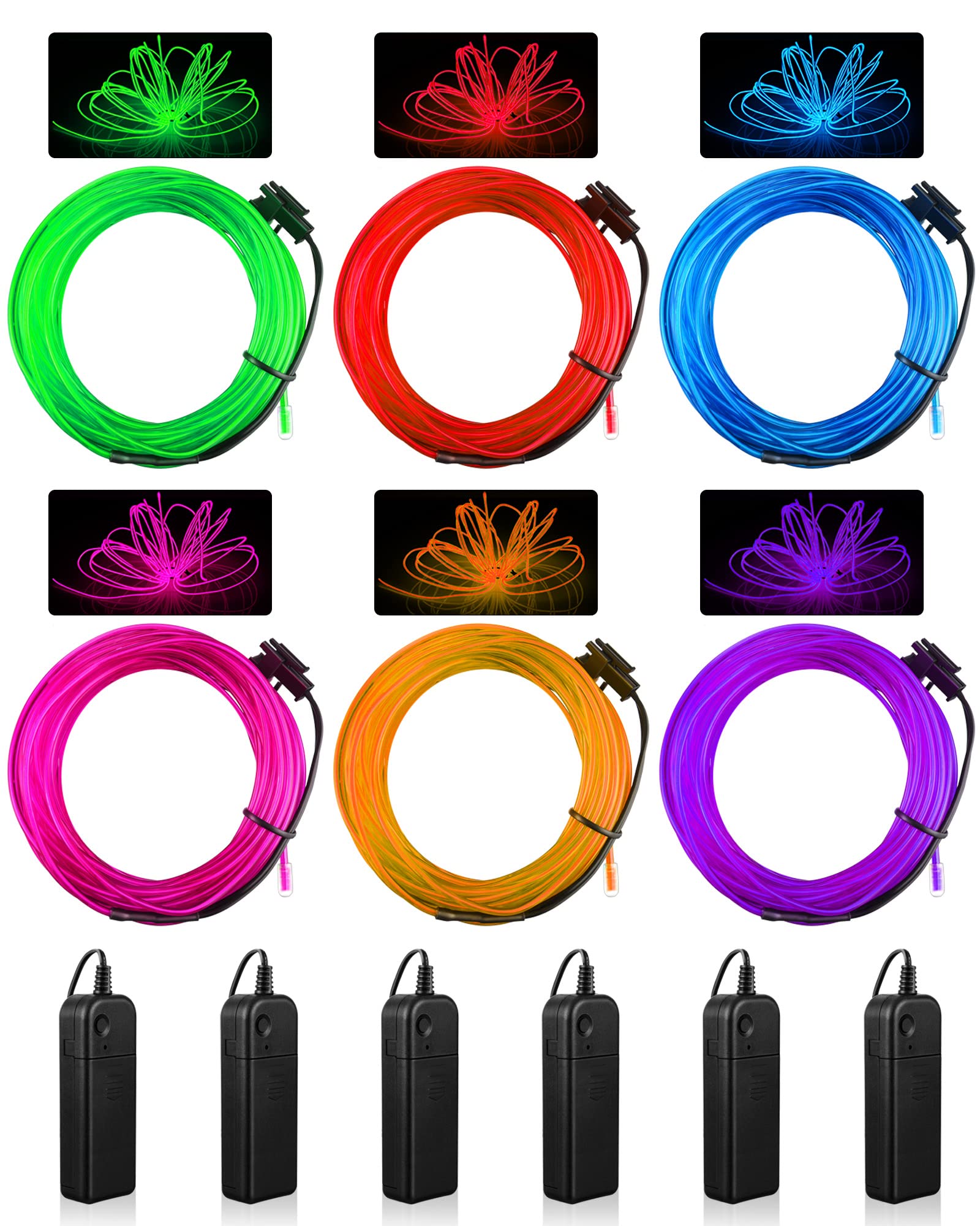 6 Pieces El Wire Portable El Wire Neon Lights Wearable Led Lights Electroluminescent Wire Battery Operated Glow Wire Neon El Wire Led Lights For Diy Costume Halloween Christmas Decorations(9.84 Feet)