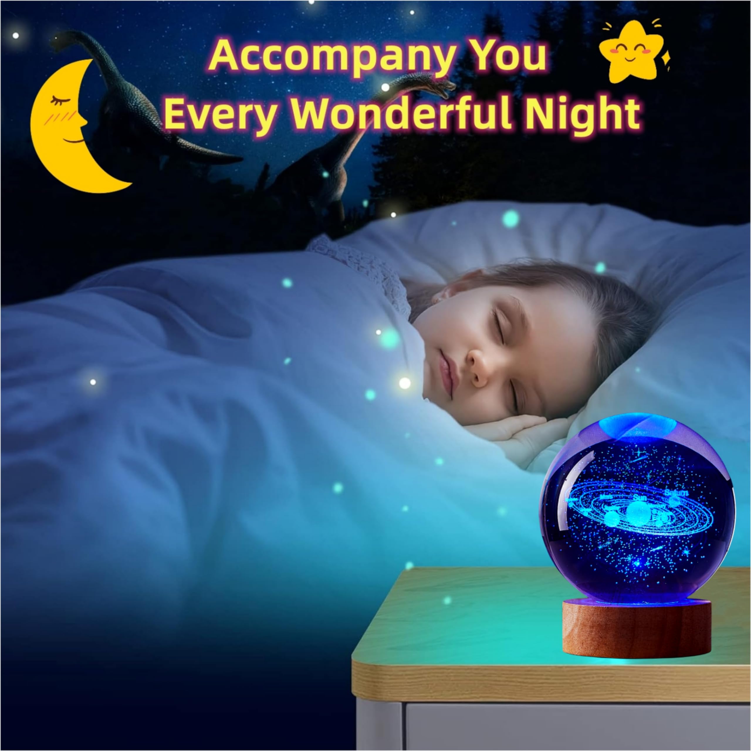 Digfpwt 3.15 Inch Solar System Crystal Ball Lamp,3D K9 Crystal Ball Night Light With Wooden Base,16 Colors Change With Remote Co