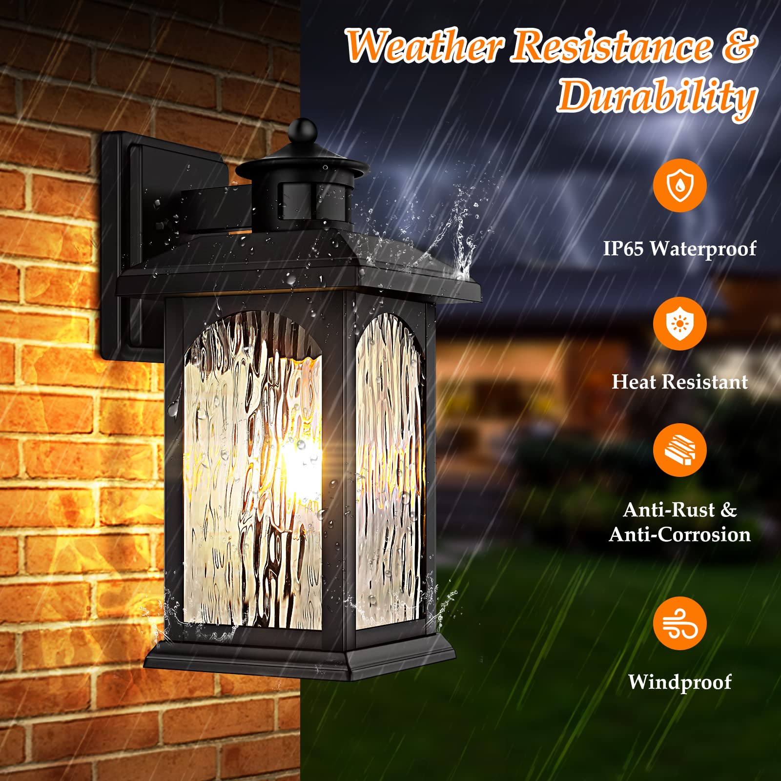 Filiyano 2-Pack Motion Sensor Outdoor Wall Lanterns, Dusk To Dawn Black Sconce Lights