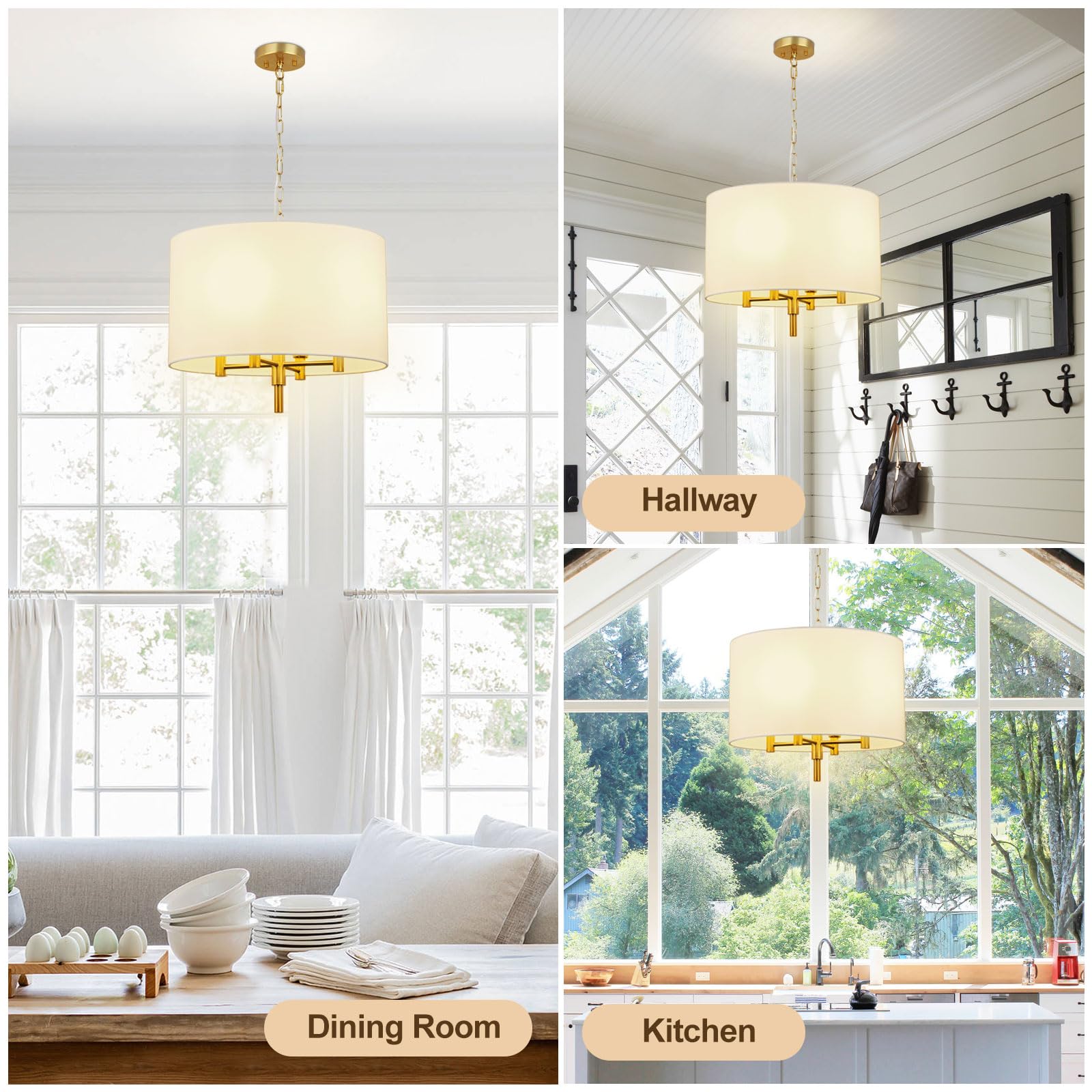 DLLT 4-Light Drum Chandeliers, 20 Modern Dining Room Pendant Chandelier, Adjustable Golden Chandelier with Beige Fabric Shade, E