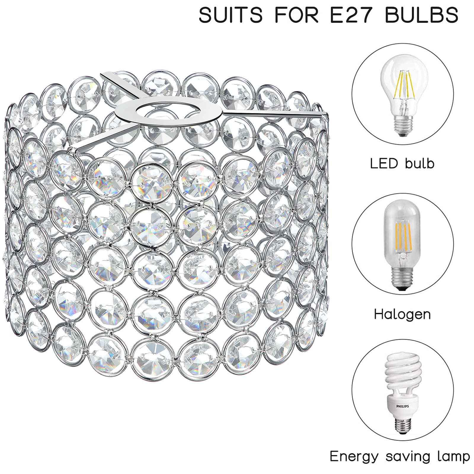 Boao Crystal Lamp Shade Chandelier, Warm White, 7 x 7 x 4.3 Inch, Silver, Model: Boao-Pendant Lights-p1432