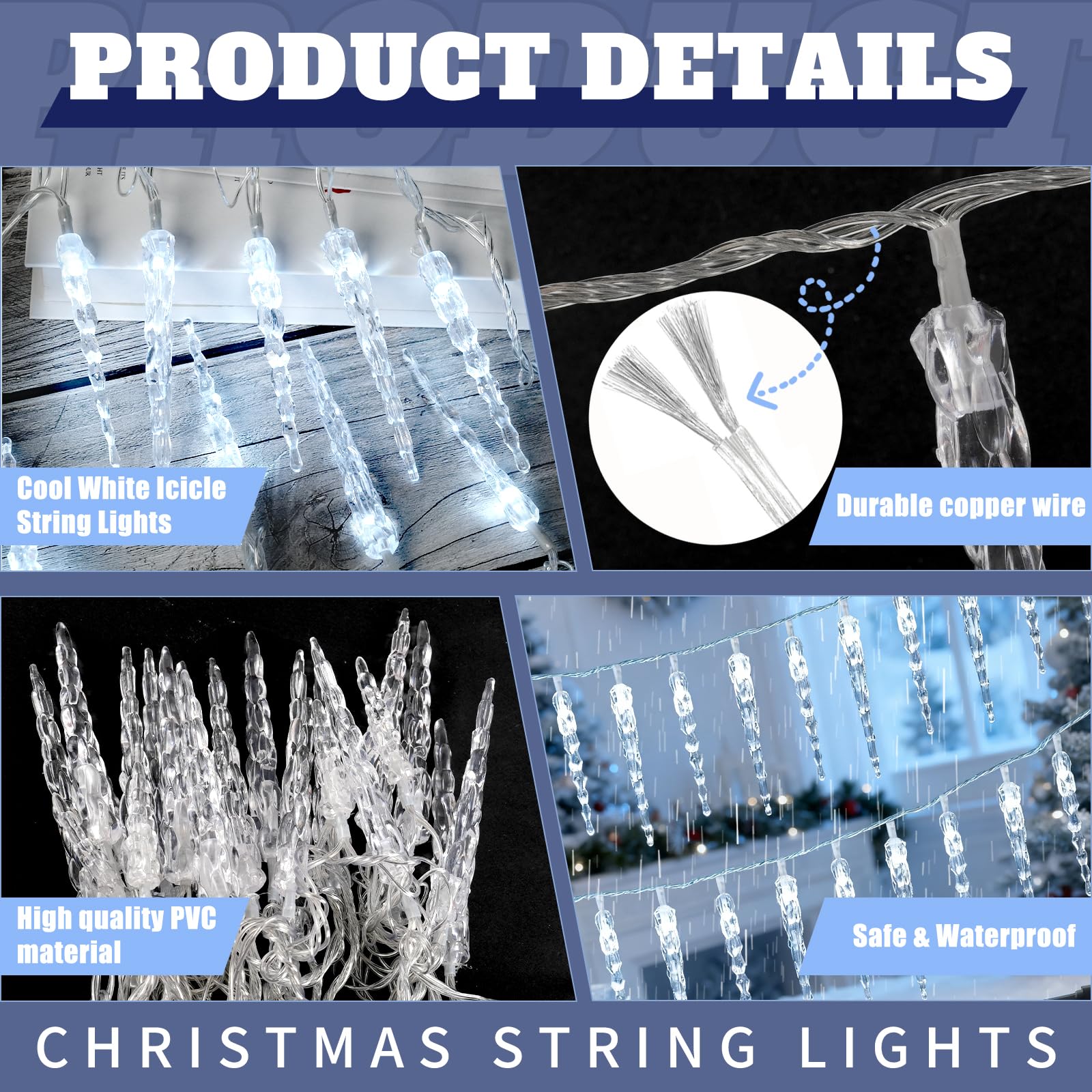 GRADESIN Christmas Icicle Lights, 100 LED Cool White, 32.8ft Indoor Outdoor Decorations