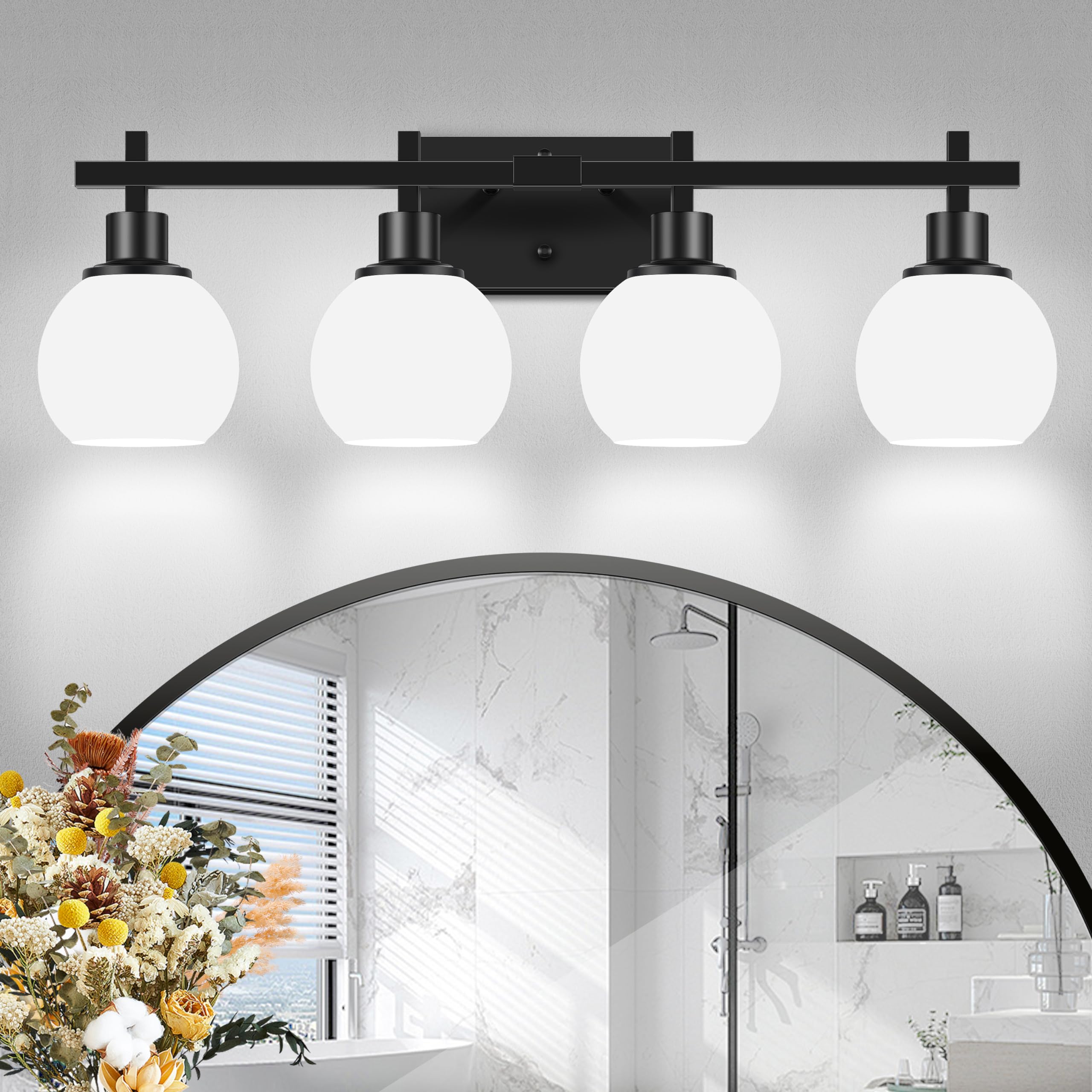 Dpyrrhic 4-Light Modern Vanity Light Fixture, Black Metal Bathroom Lighting with Milky White Glass Lampshade, Model JD-16