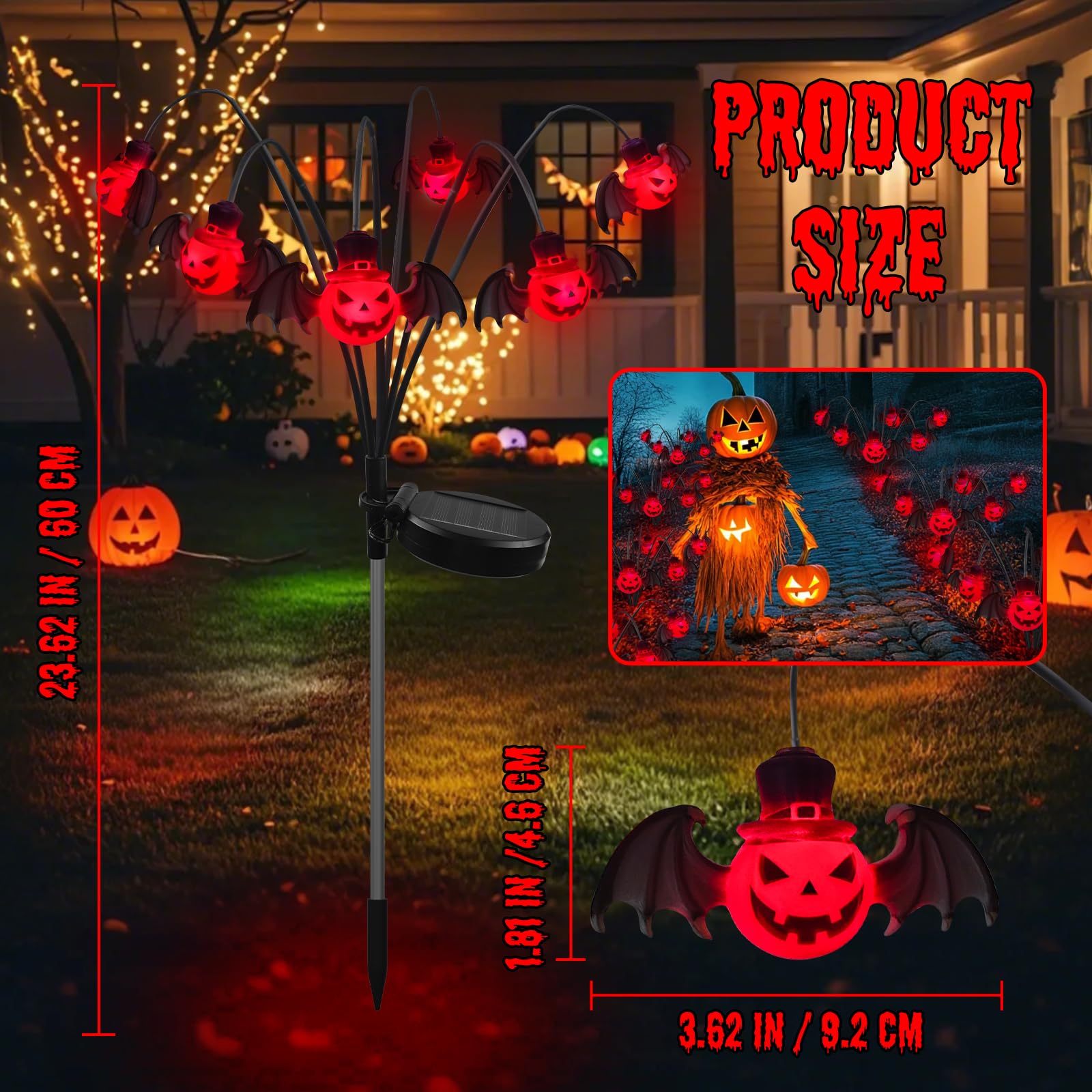 2Packs 12Led Halloween Decorations Solar Garden Lights Outdoor,3D Scary Red Bat&Pumpkin Swaying Firefly Lights For Spooky Hallow