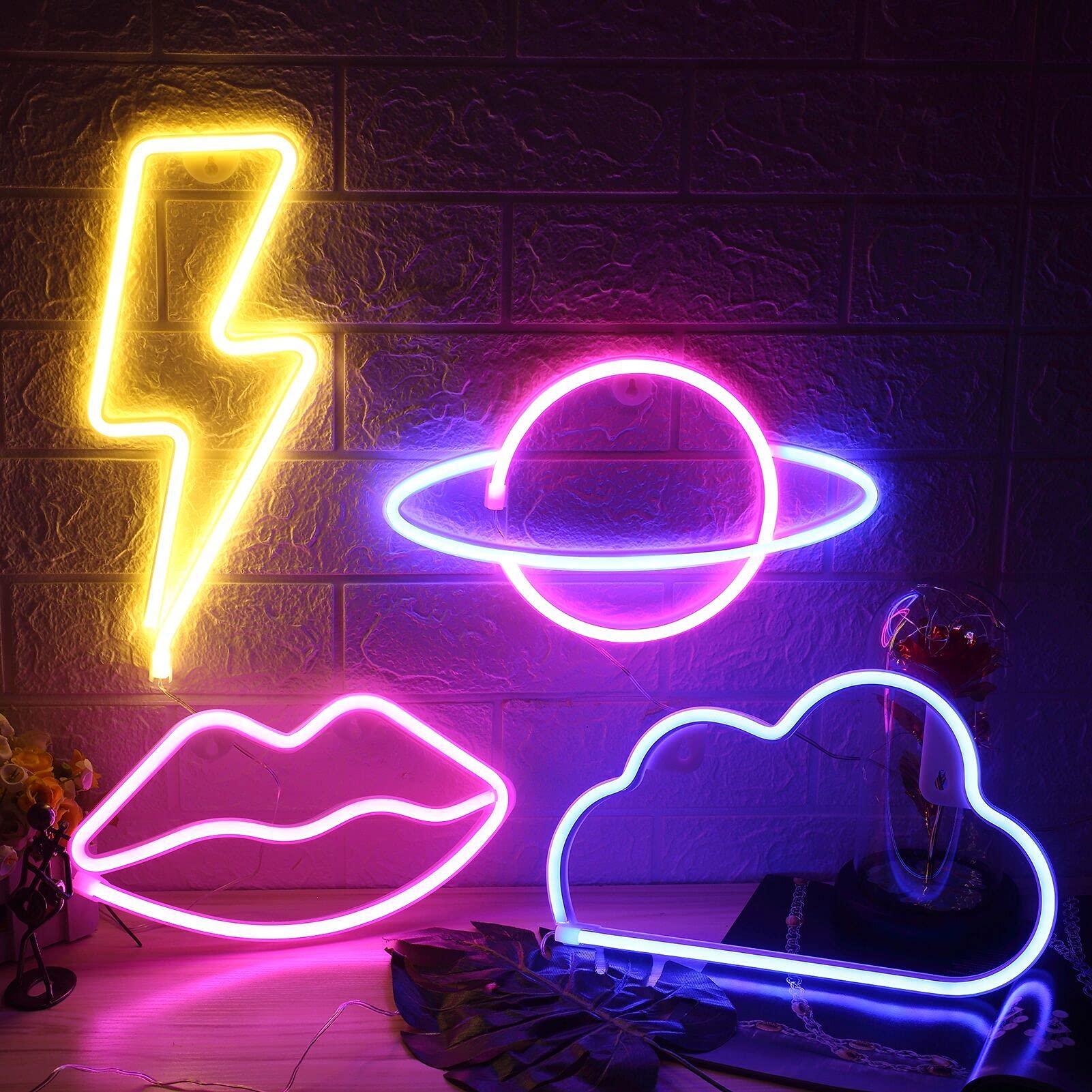 4 Pcs LEDs Decorative Neon Night Signs, Hanging Lighted Up Neon Sign for Bedroom Room Decor Neon Lights Leds Cloud Signs Light S