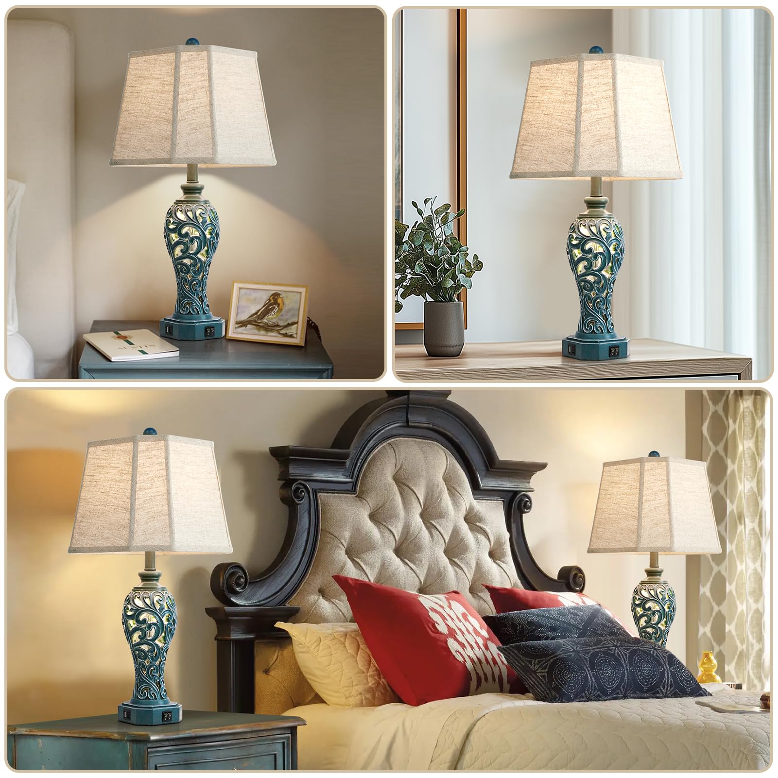 25'' Farmhouse Table Lamps Set Of 2 For Living Room Bedroom, 2 Usb Ports Coastal Vintage Table Lamp With Nightlight, Navy Blue H