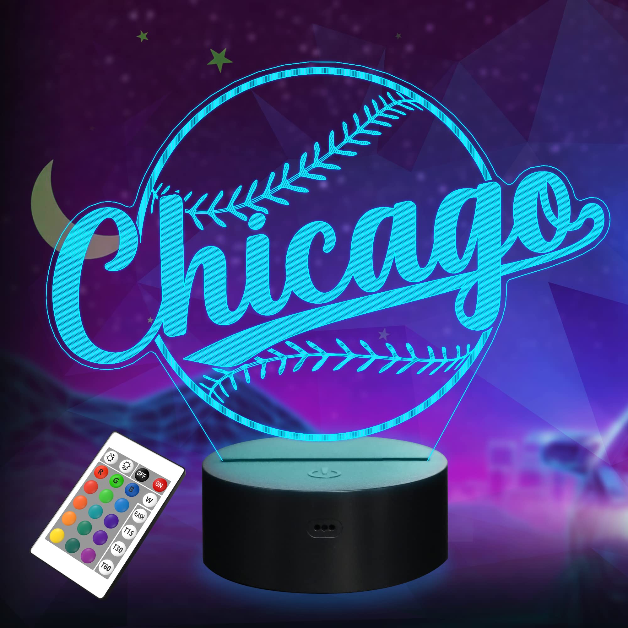 Lightzz 3D Illusion Baseball Night Light Lamp with Remote Control, Acrylic, Chicago Color, Model FS-xxxyyy