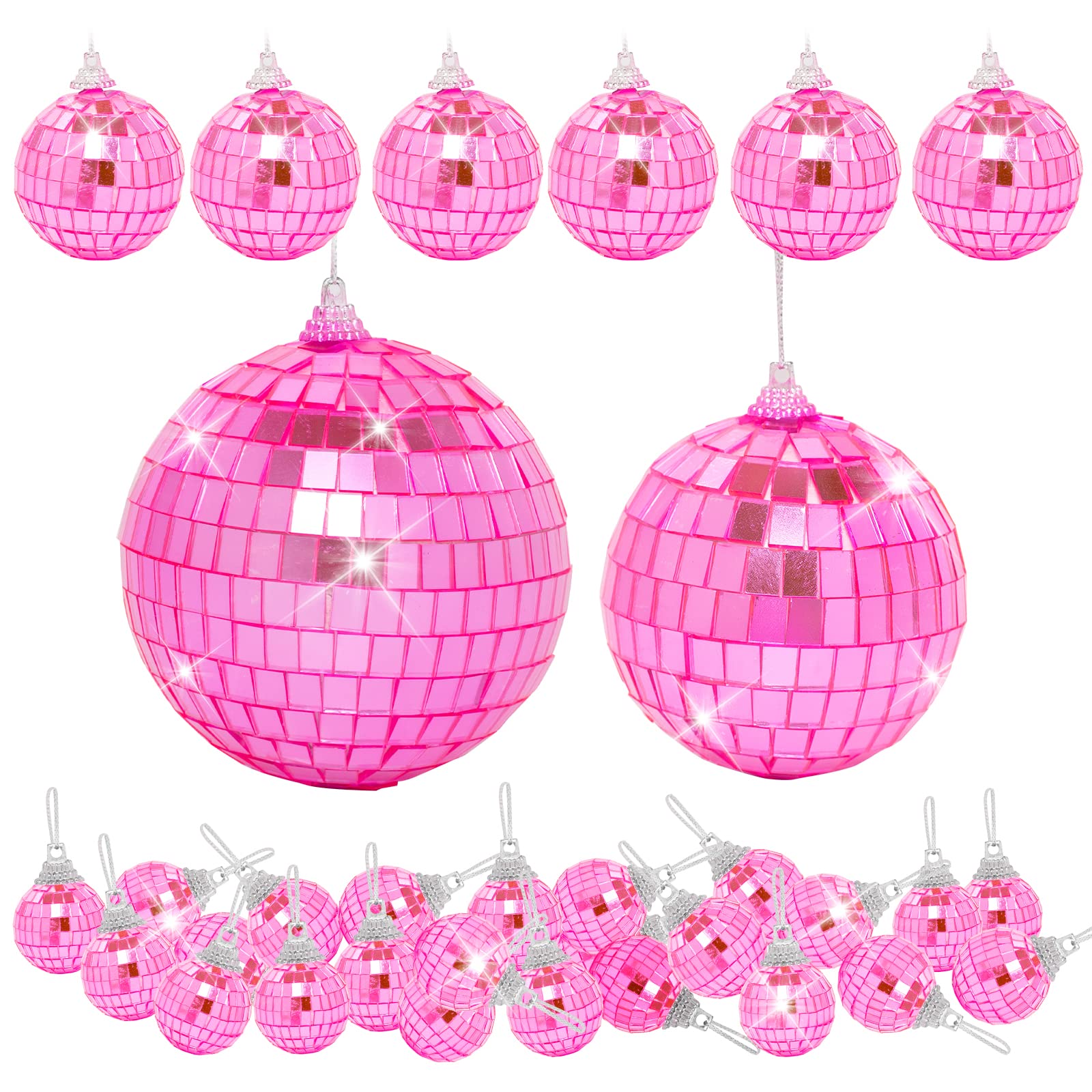 32 Pack Mini Disco Balls Decorations Different Sizes Mirror Ball With Hanging String Small Disco Ball Ornament For Disco Theme Party Cake Topper Dj Club Christmas Wedding Home Decor (Pink)