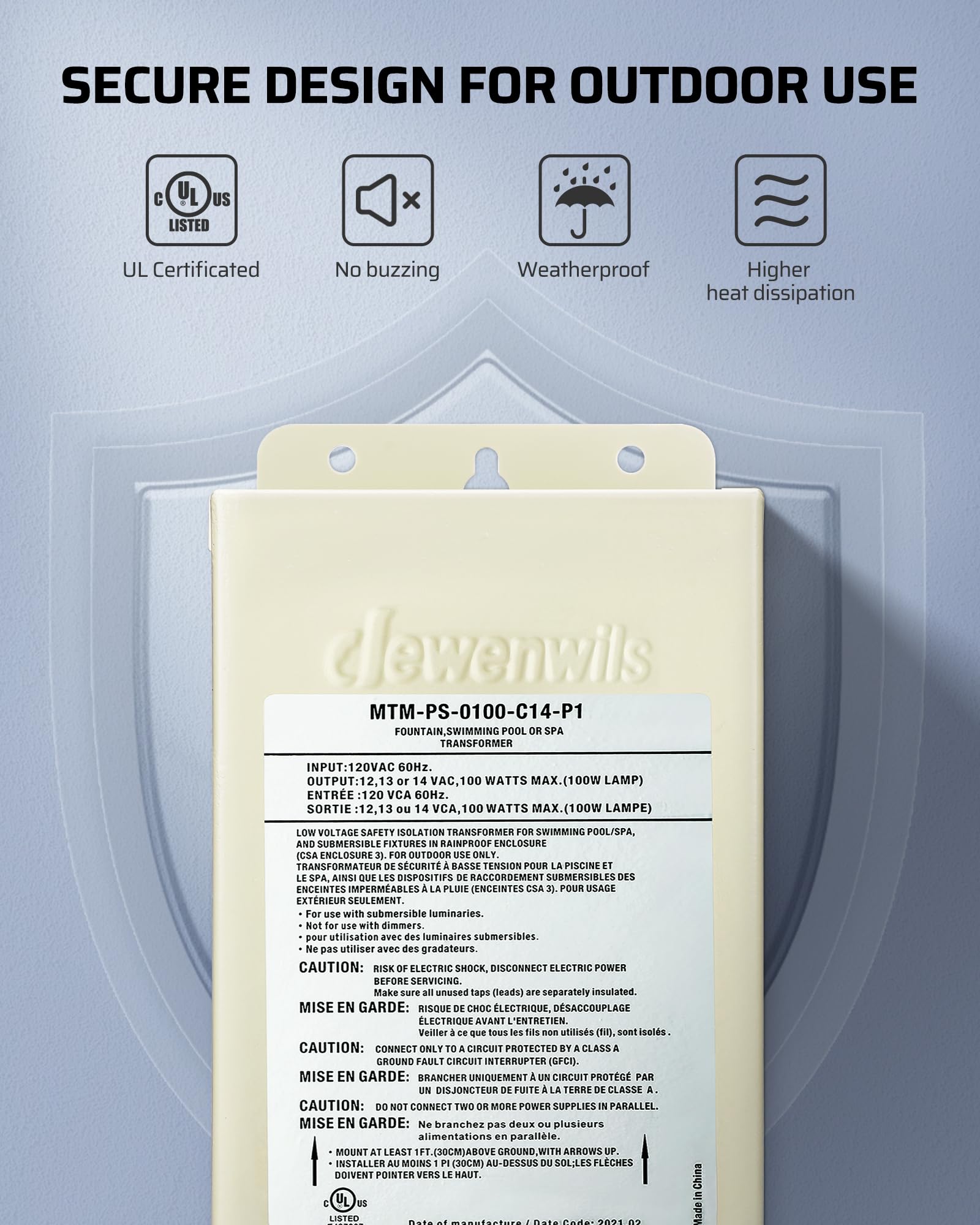 DEWENWILS 100W Pool Light Transformer, 120V AC to 12V-14V AC, Stainless Steel, Mud Color, Model HOSL07A, UL Listed