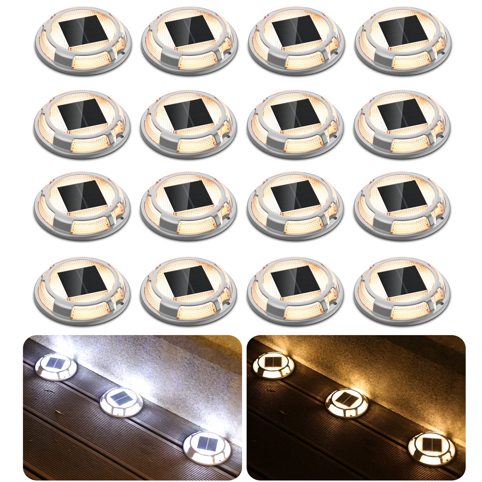 Fabstyl 16 Pack Solar Driveway Lights - Waterproof Led Pathway Markers, Warm & Cool Light