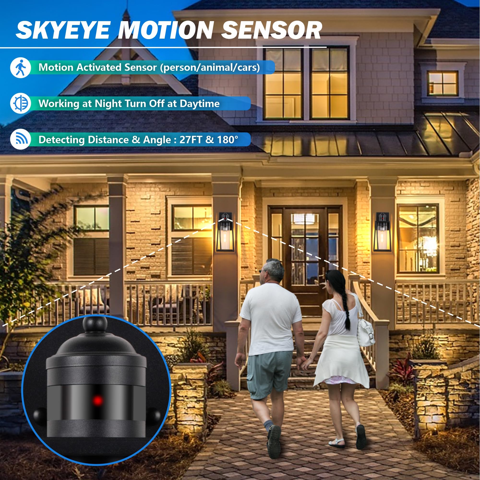 DAKAFUL Motion Sensor Outdoor Wall Lights, Large 2-Pack, Dusk to Dawn LED Sconces, Black, Model BLE26-1