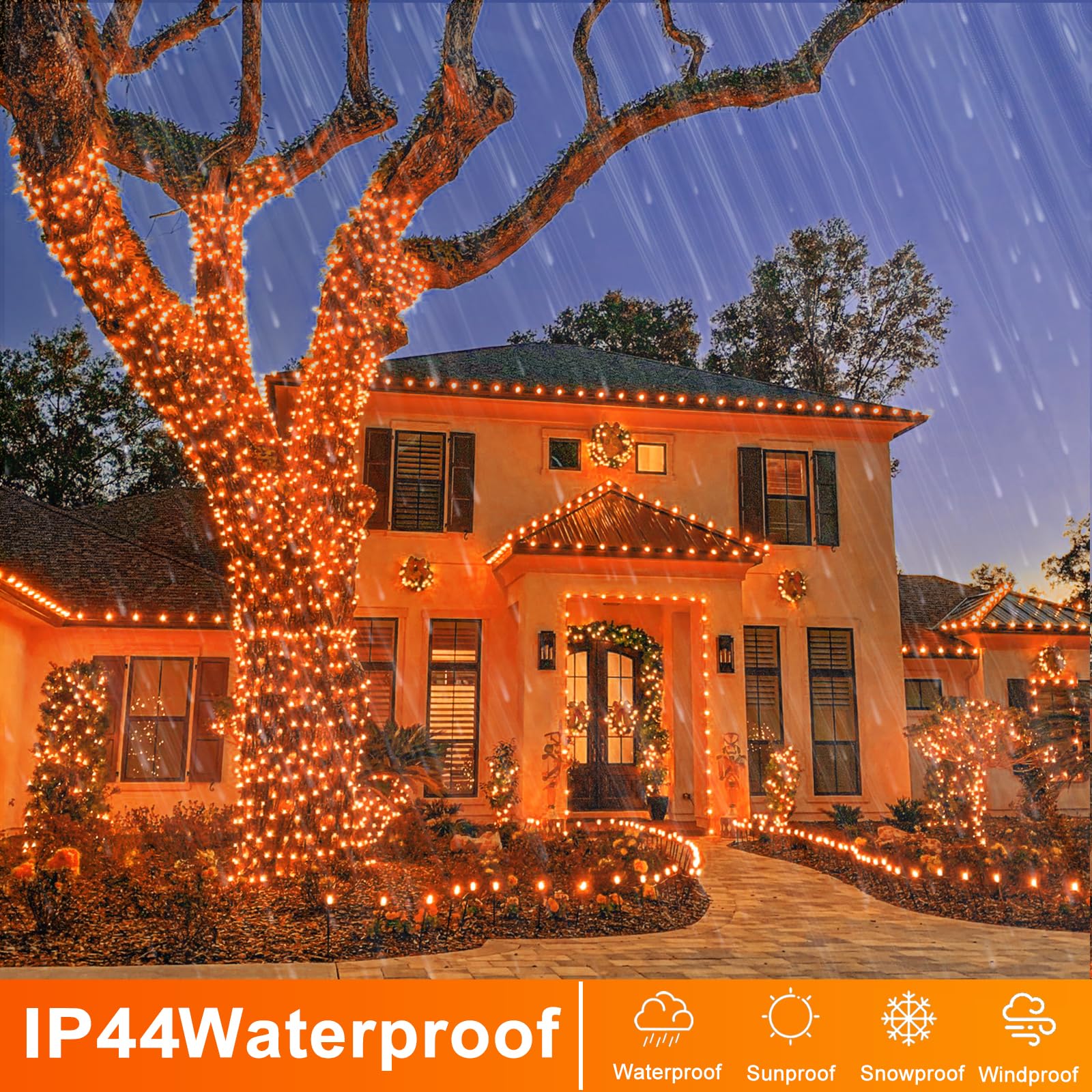 Einiiya 120 Led Christmas Lights Outdoor 40 Ft String Lights Indoor Outdoor Clear Wire With 8 Modes  Plug In Waterproof Orange Fairy String Light For Indoor Christmas Thanksgiving Decorations