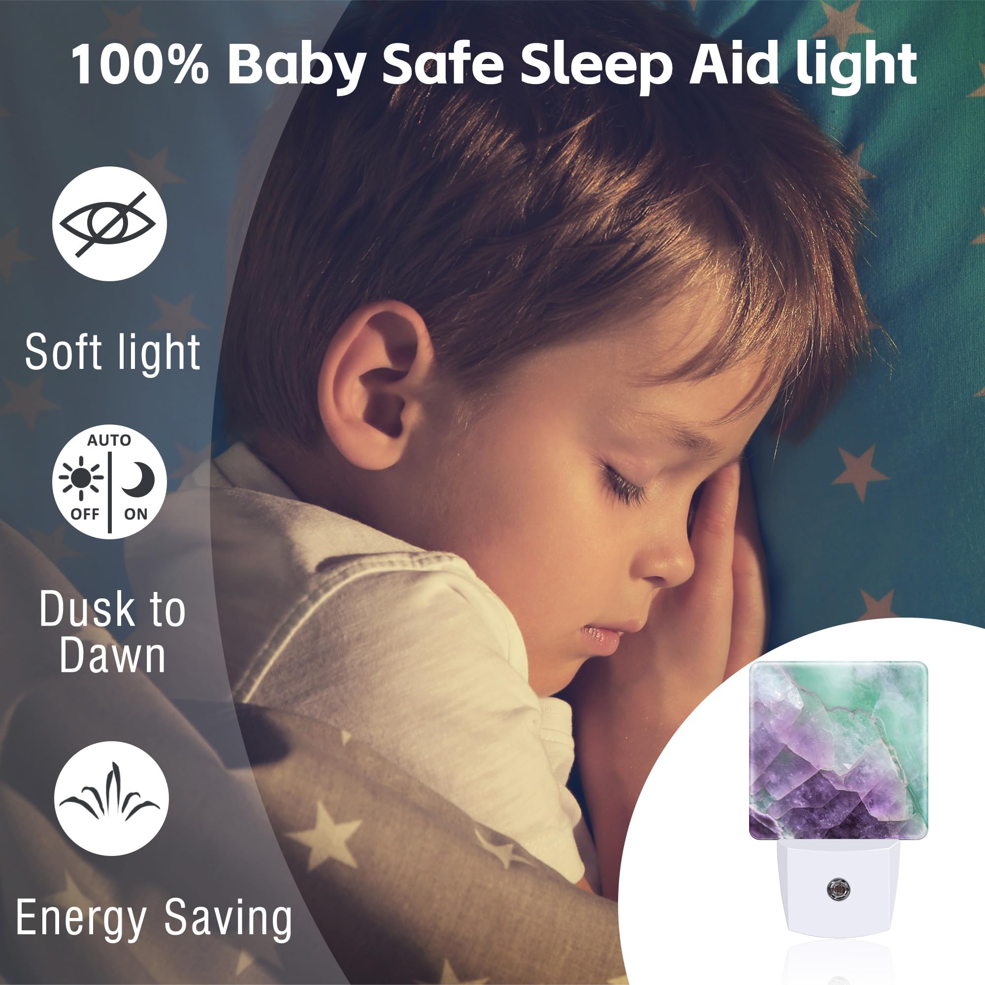 Sndheke Purple Green Fluorite Marble Night Light, Luxury Rock Gemstone Dusk To Dawn Plug In, 0.5W Energy Saving Sleep Friendly N