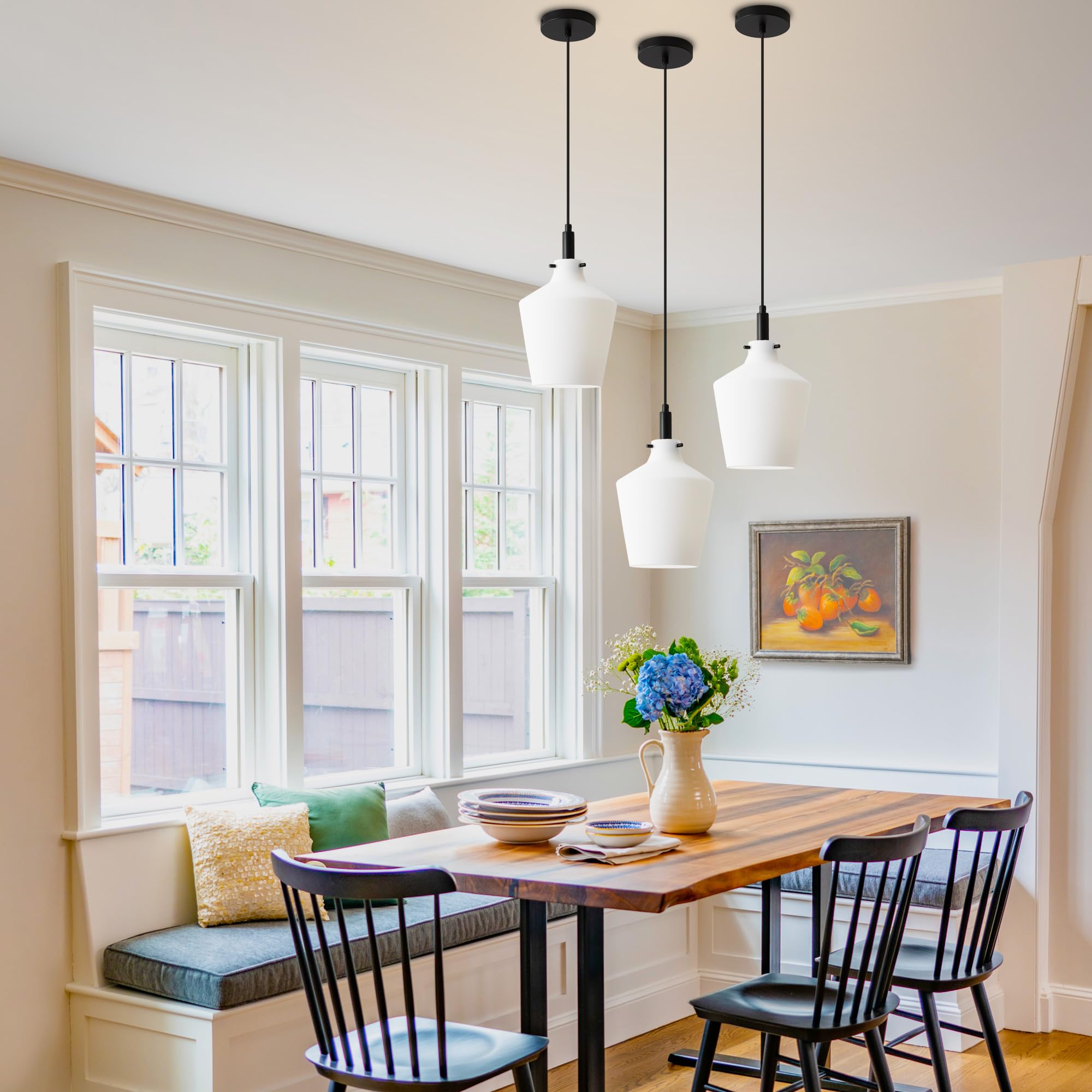 Vaziden Modern Milk Glass Pendant Lighting For Kitchen Island, Farmhouse Black Pendant Light Fixtures 1 Pack, Adjustable Hanging