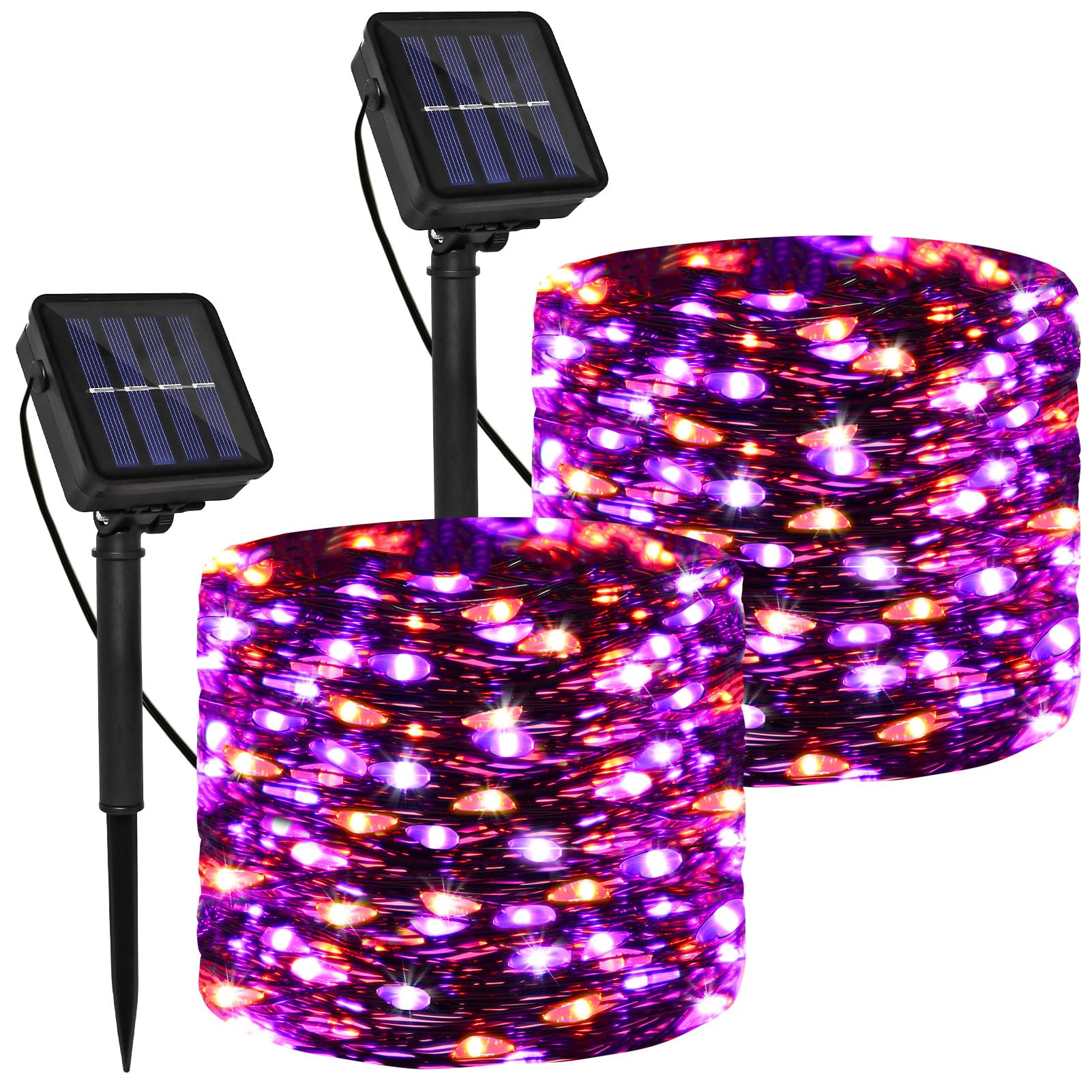 Solar Powered String Lights Outdoor, Purple Orange 2 Pack Total 200 Led 66Ft Solar Powered Halloween Decorative Fairy Lights 8 M