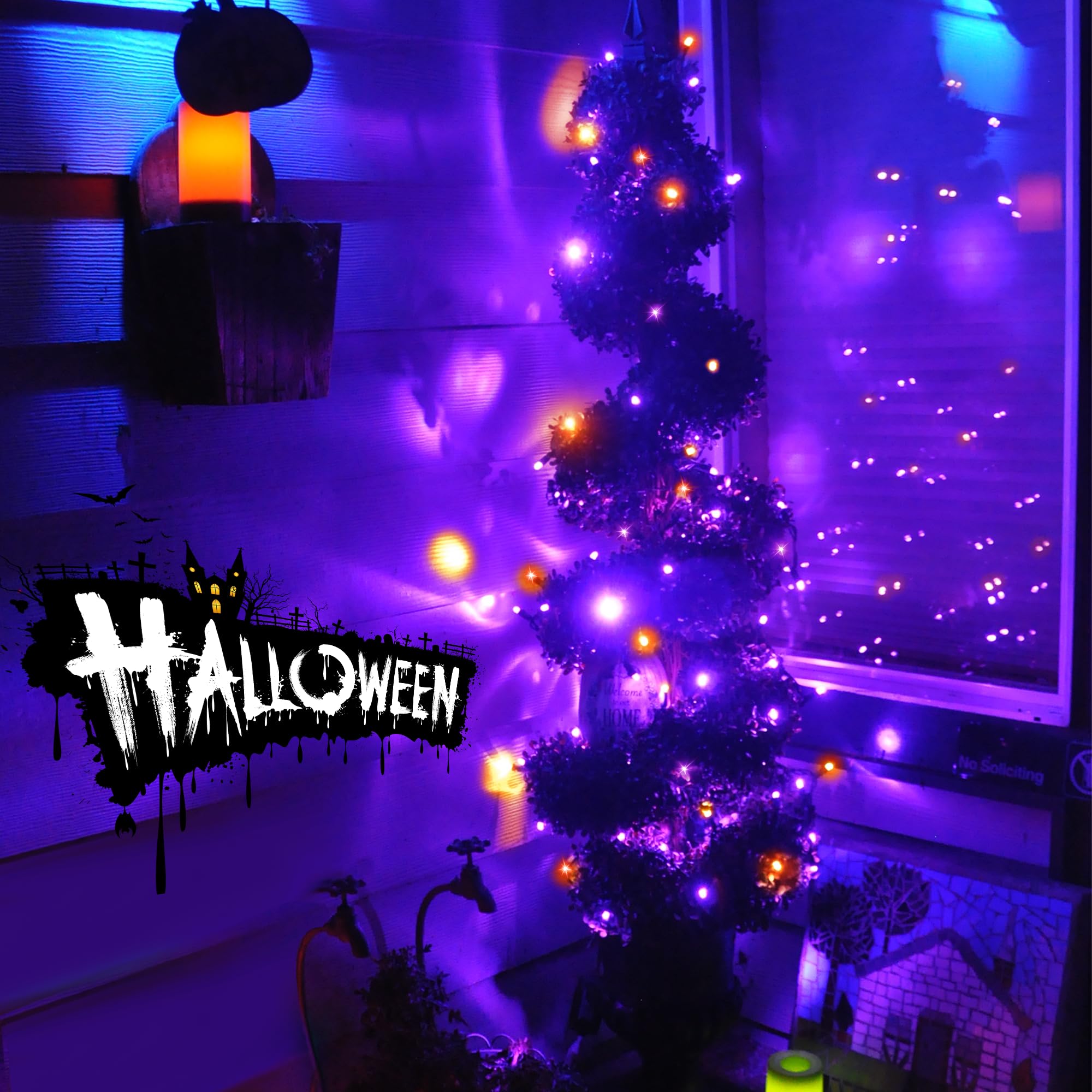 Flechllary Solar Halloween Lights,72Ft 200Led Orange & Purple Halloween Lights,Halloween Solar Lights Outdoor With 8 Modes Waterproof Halloween Lights For Bedroom Patio Garden Party Yard Decoration