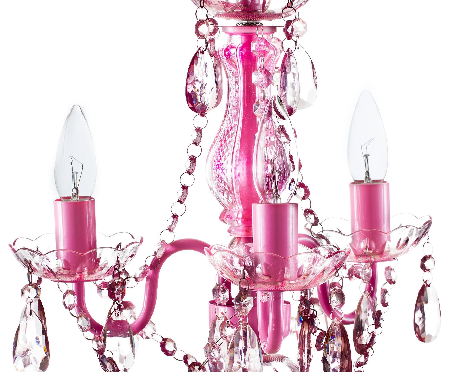 gypsy color 3 Light Plug-in Chandelier, Pink Metal Frame, Acrylic Crystals, Model GYMIPK, H17”xW12”